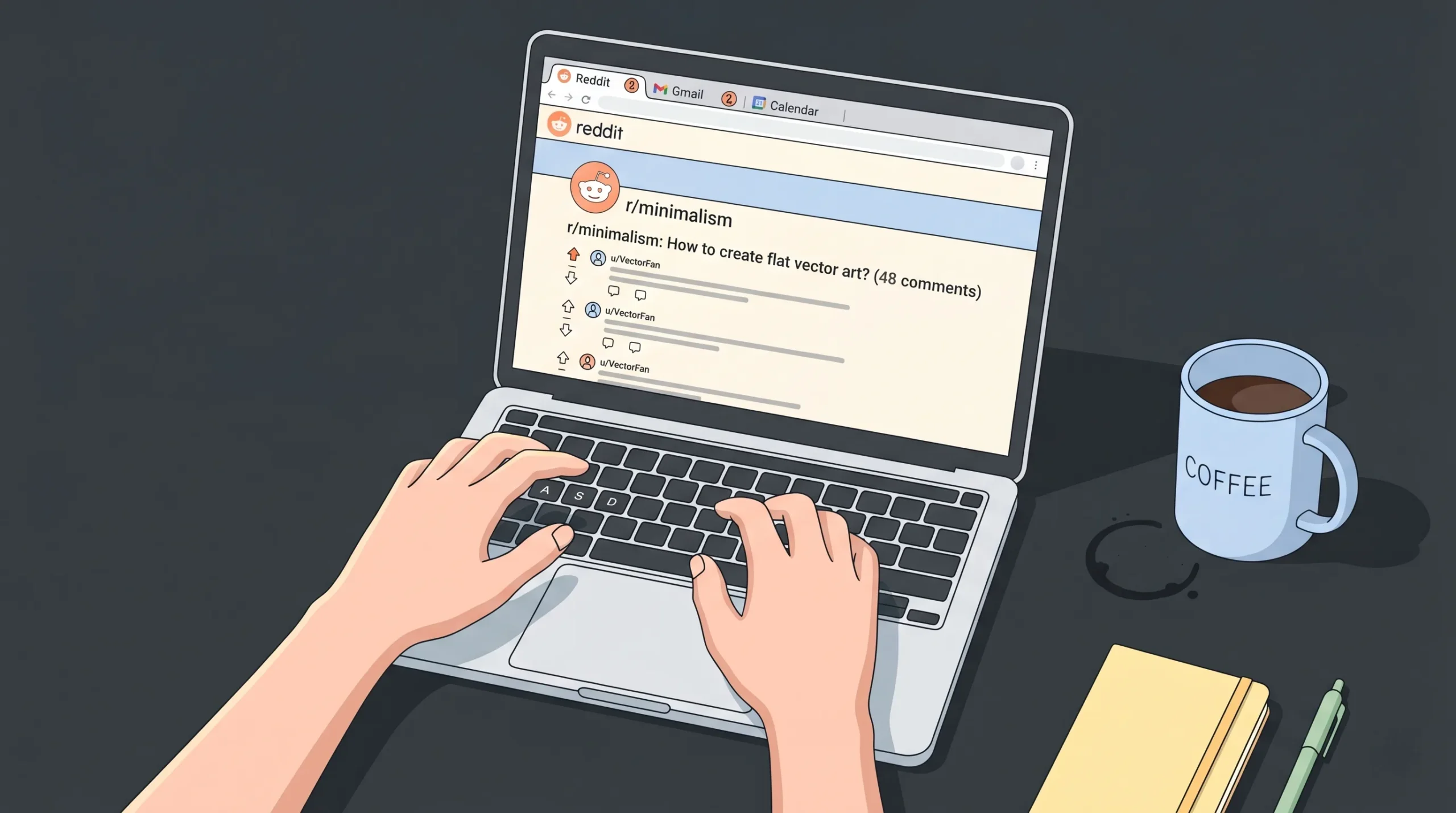 Person browsing Reddit forum threads on a laptop at a wooden desk with a coffee mug beside it