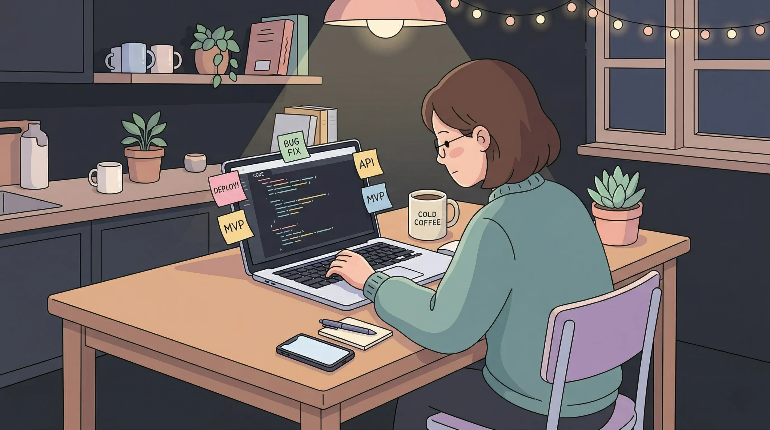 Person coding in a cozy workspace.