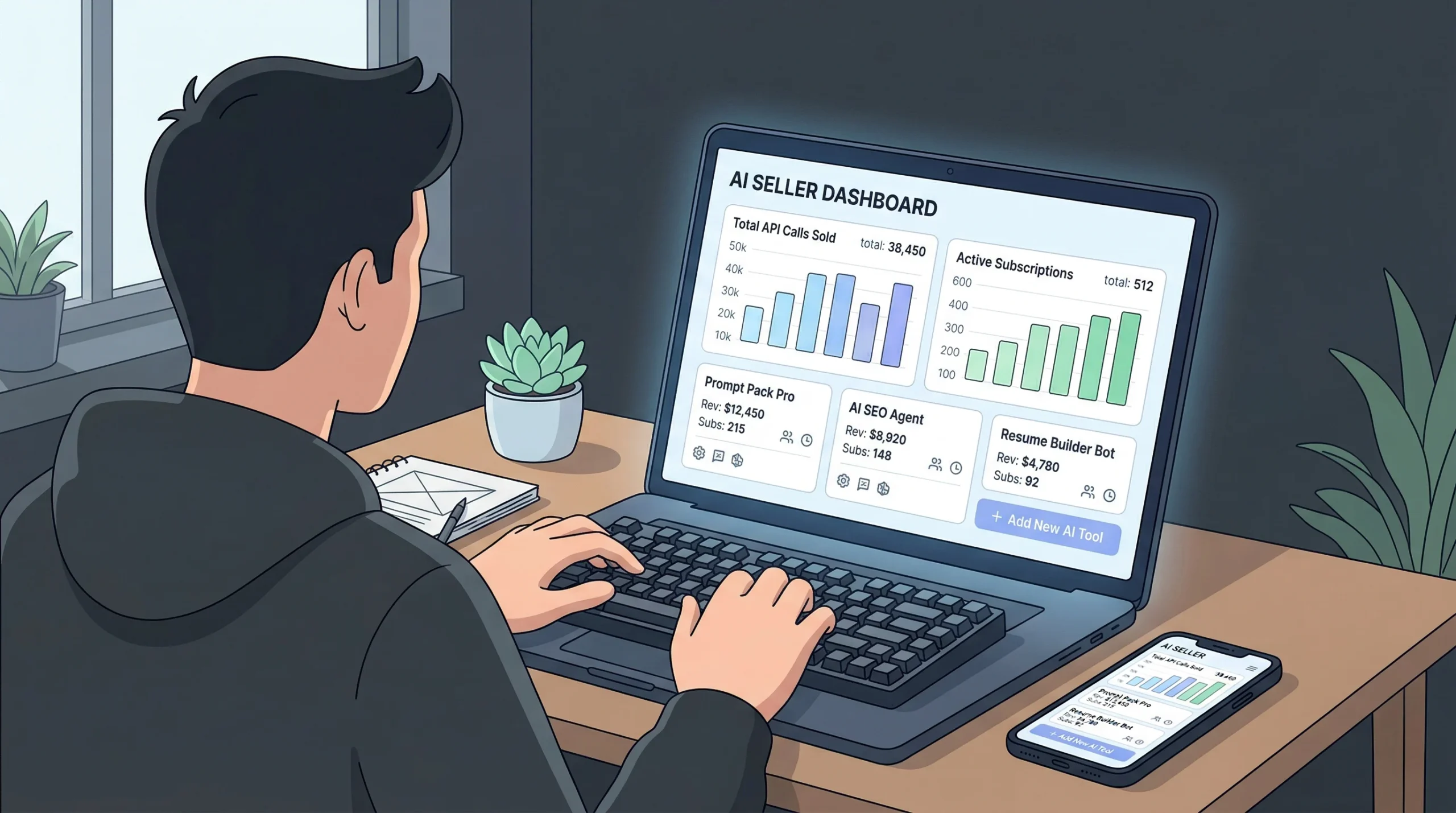 The laptop screen displays an "AI SELLER DASHBOARD" featuring two main charts that track "Total API Calls Sold" at 38,450 and "Active Subscriptions" totaling 512. Below the charts are three listing cards detailing individual tool performance: "Prompt Pack Pro" shows $12,450 in revenue with 215 subscribers, "AI SEO Agent" has $8,920 in revenue and 148 subscribers, and "Resume Builder Bot" generated $4,780 with 92 subscribers. Finally, at the bottom right of the dashboard, there is a prominent button to "+ Add New AI Tool."