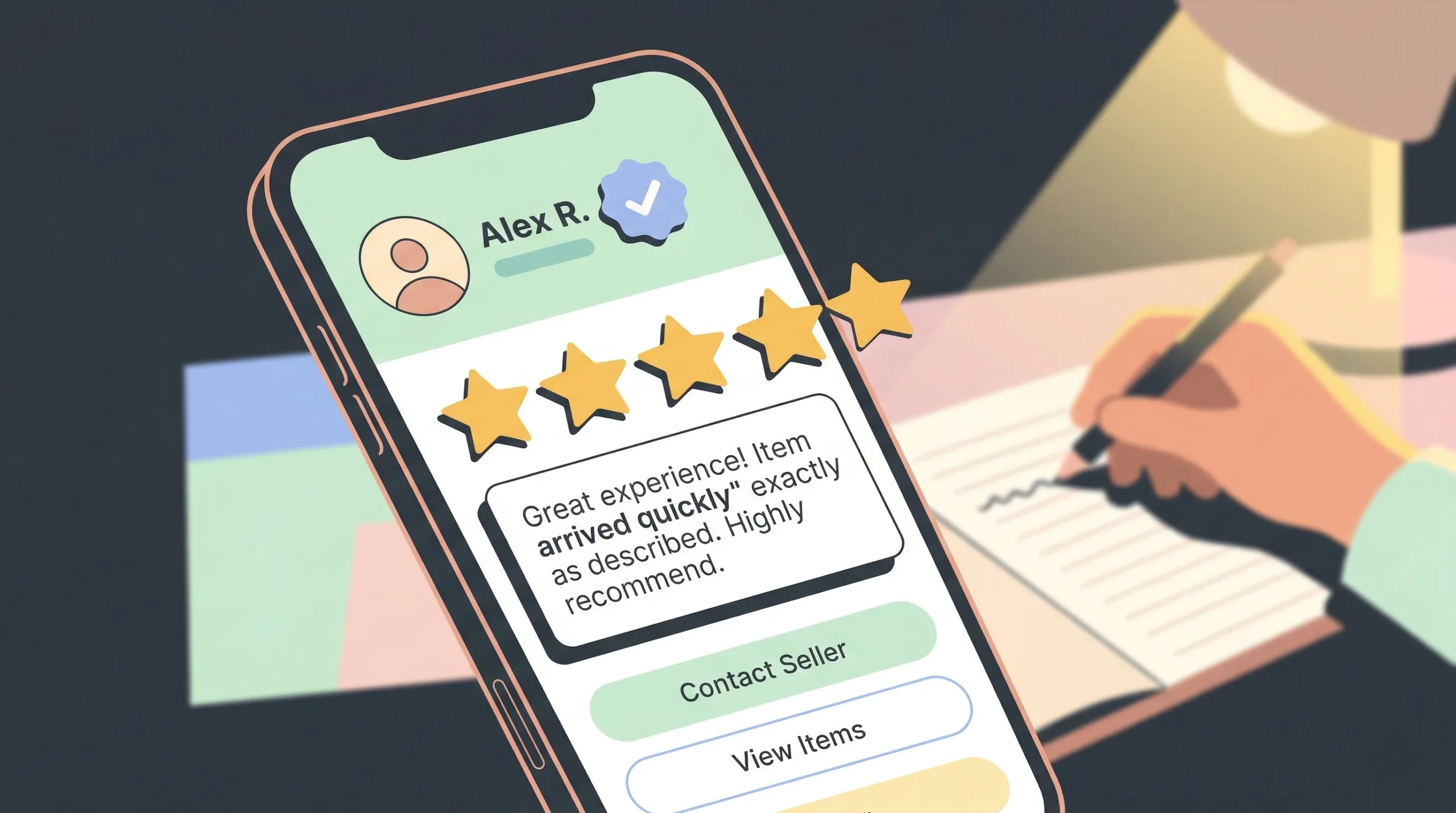 The smartphone screen displays a profile for the seller "Alex R.", who has a verified badge and a perfect five-star rating. A customer left a positive review reading, "Great experience! Item arrived quickly, exactly as described. Highly recommend." The page also includes options to "Contact Seller" and "View Items".