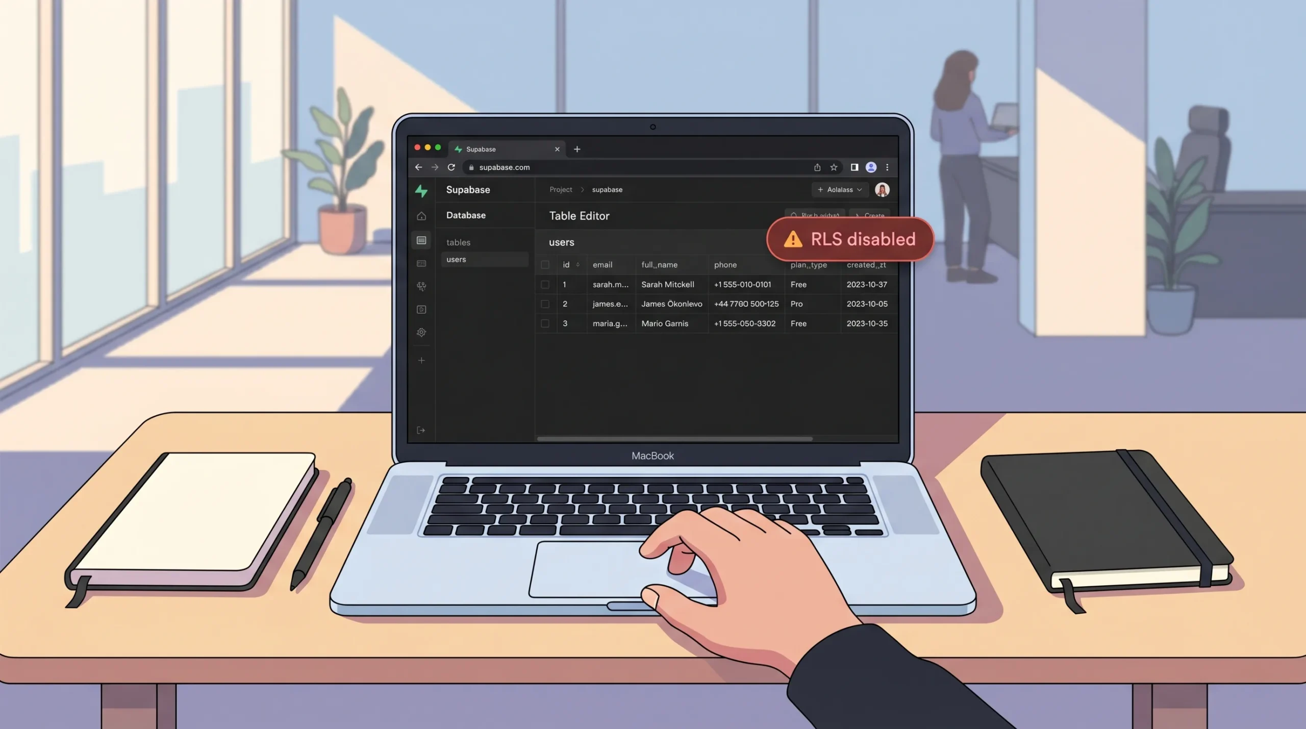 Supabase database dashboard showing Row Level Security disabled on a users table in a live production project, a red warning badge clearly visible.