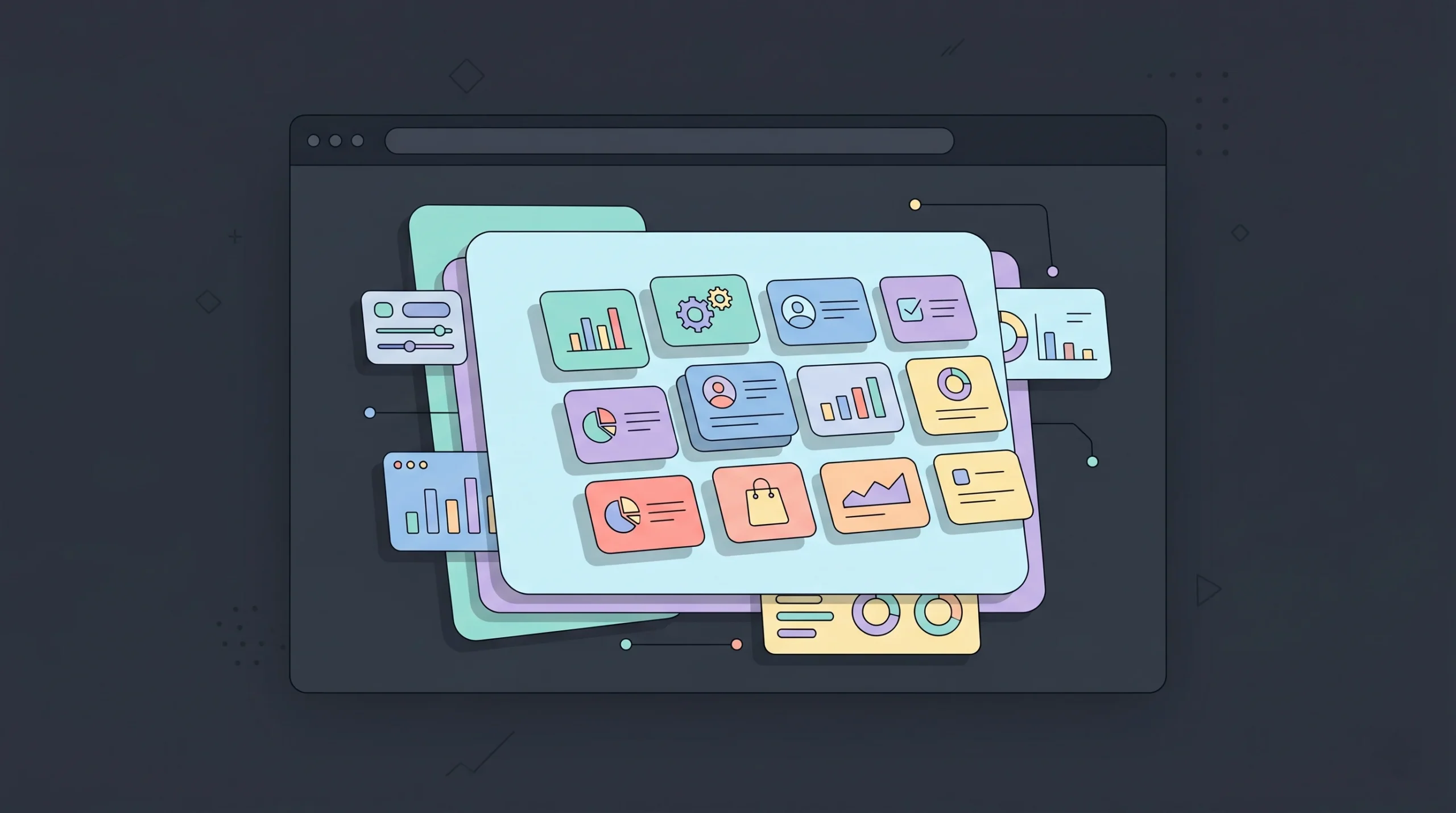 A 3D website interface with floating interactive product cards and glowing depth layers, representing modern 3D web design in 2026.