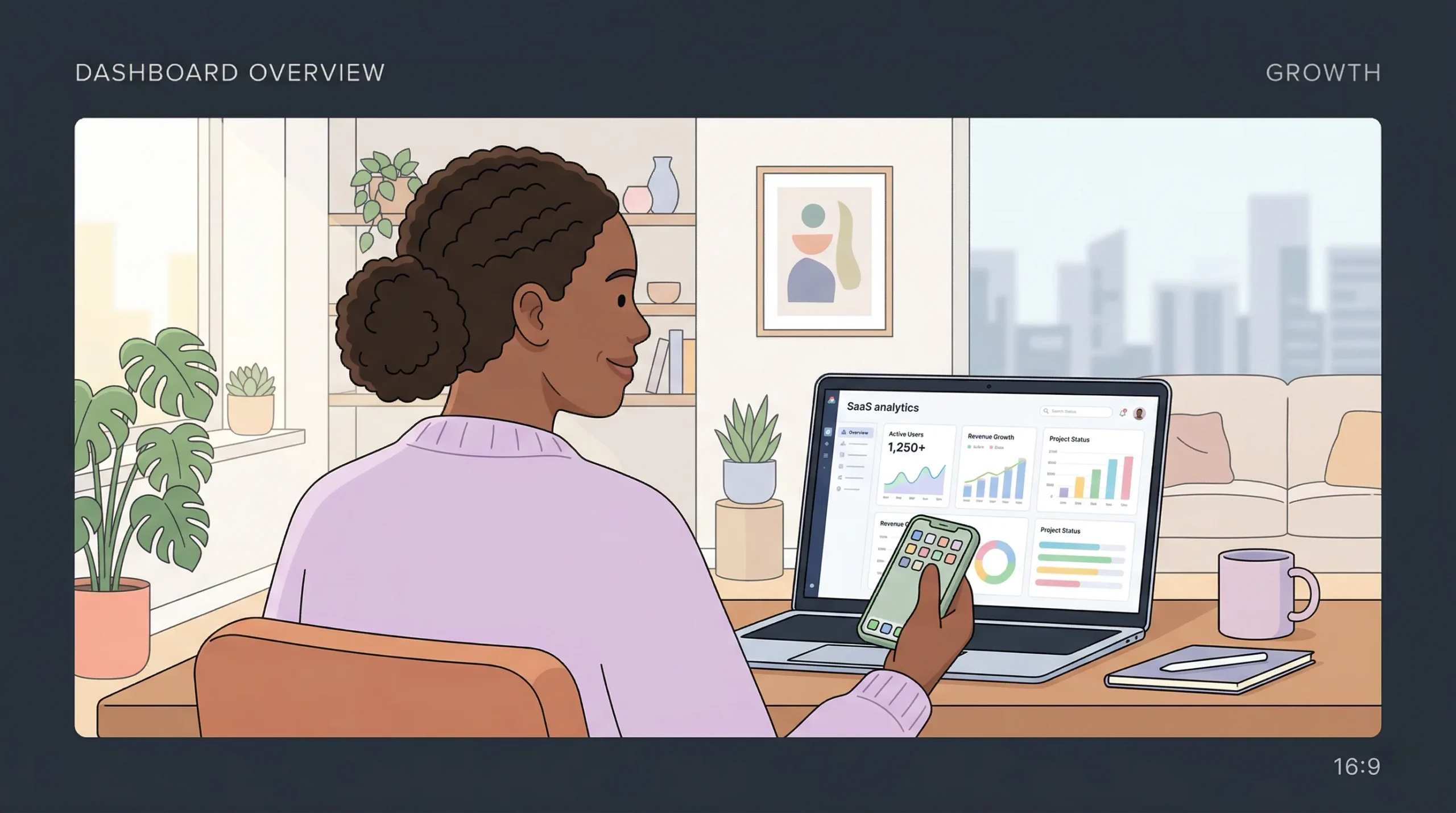 A non-technical founder smiling while looking at her laptop dashboard and holding a smartphone, showing confidence after assigning a stuck development task to a human engineer