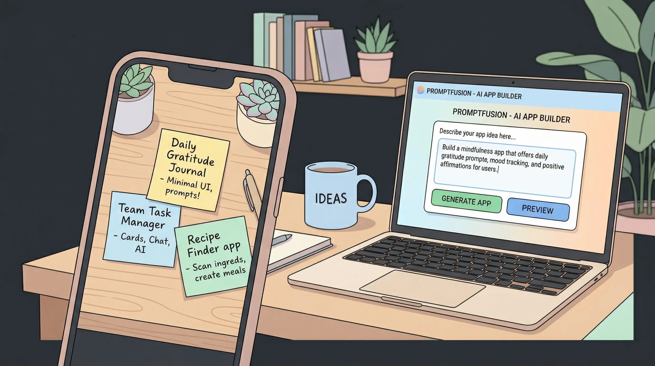 An illustration of a desk featuring a phone with app idea sticky notes and a laptop using an AI app builder.