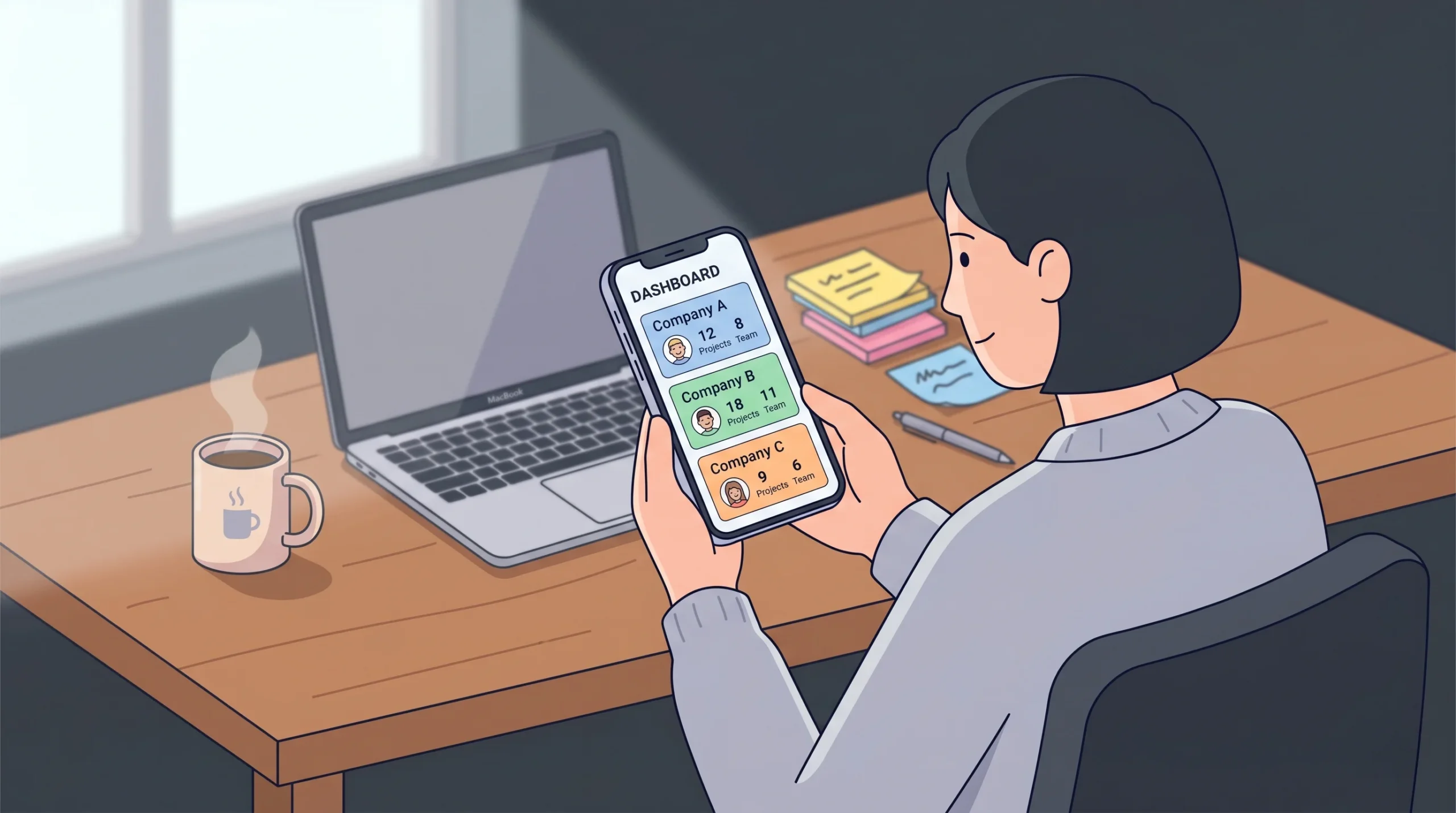 he dashboard contains distinct colored company tiles (labeled Company A, Company B, Company C) with avatars and project stats. Soft natural window light illuminates from the left. Blurred background elements include a MacBook, coffee mug, and sticky notes