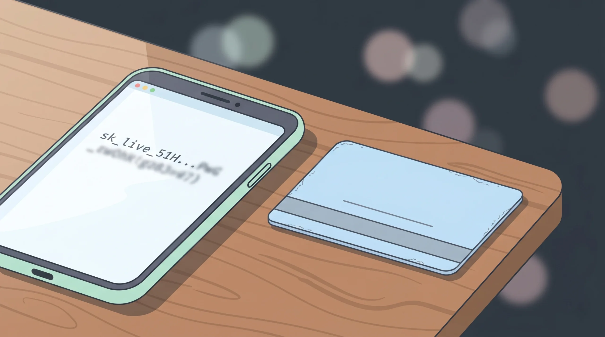 Close-up of an office keycard beside a phone screen showing an API key string, symbolizing authentication credentials