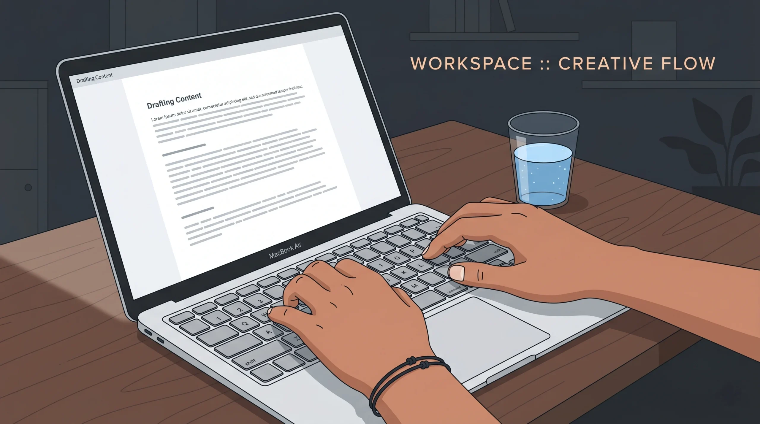 Close-up of an Indian man's hands typing a detailed prompt on a MacBook Air keyboard, with a structured paragraph visible on the screen, representing the process of writing a precise AI app-building prompt for a dating platform.