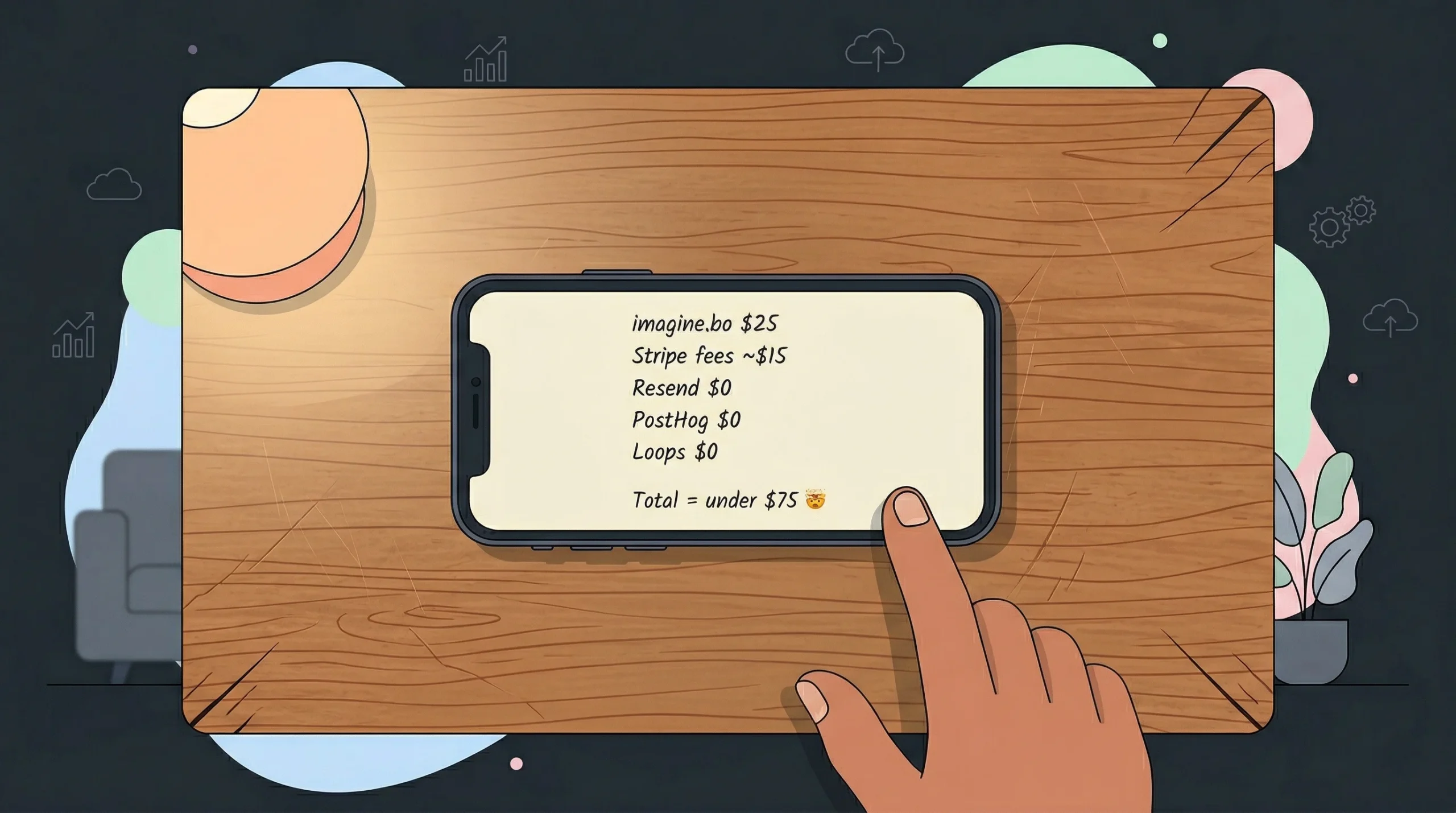 An illustrative top-down view of a hand holding a smartphone. The screen displays a budget breakdown for specific digital services, including imagine.bo and Stripe fees, showing a total cost of under $75.