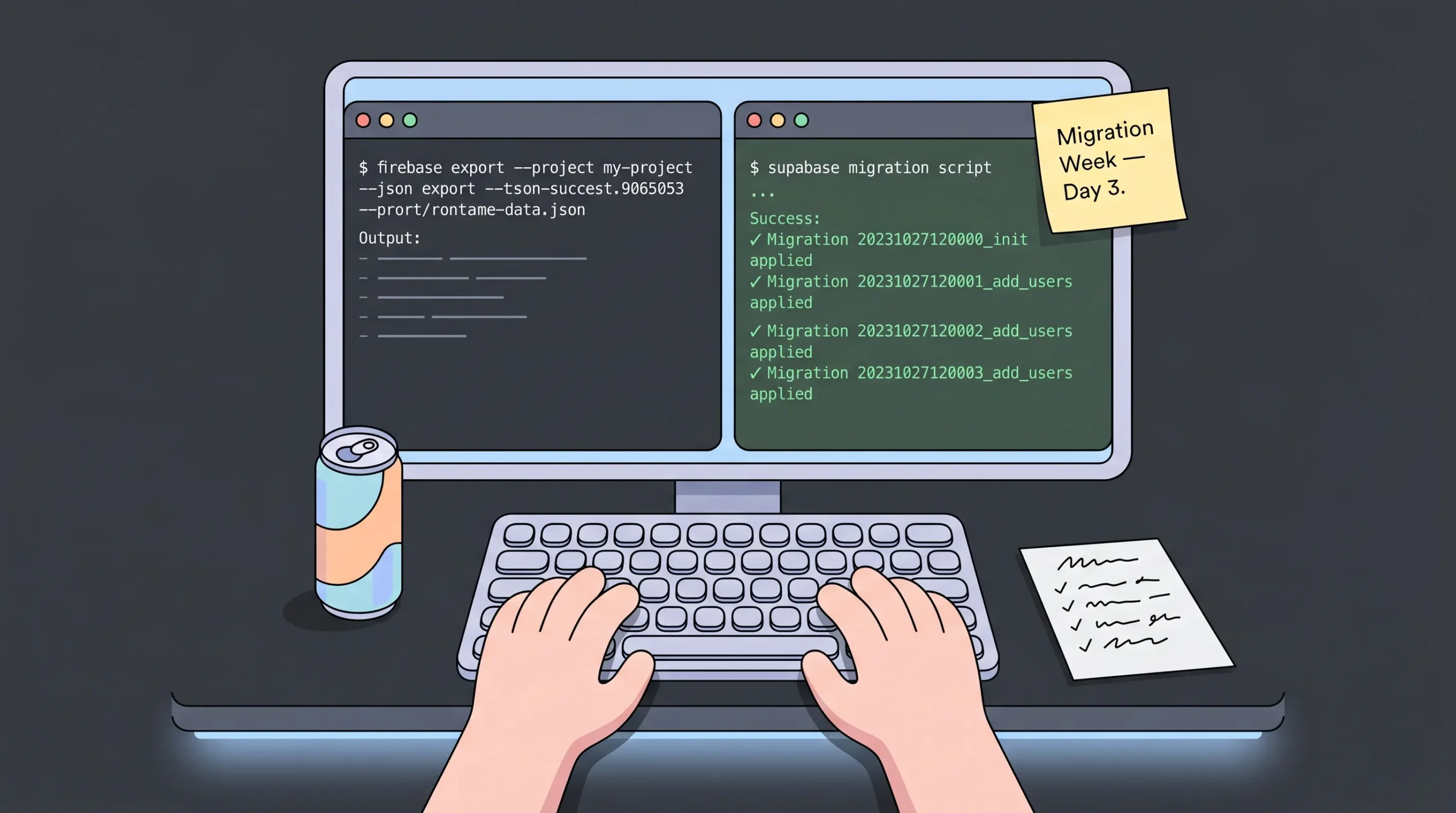 Developer running Firebase to Supabase database migration script in split terminal windows