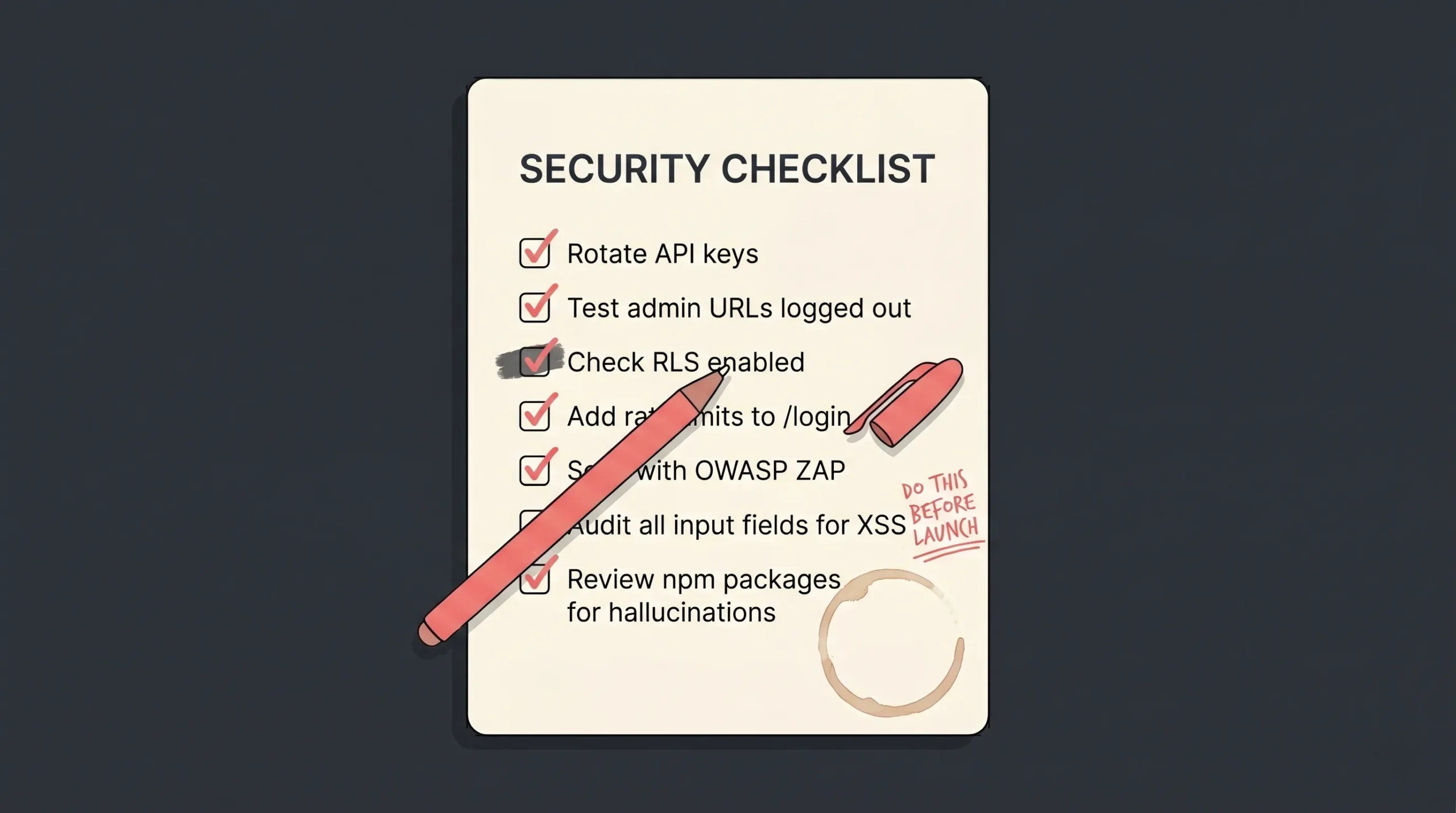 Printed security checklist on paper with items being checked off in red pen, coffee-stained and annotated with handwritten notes beside each item.