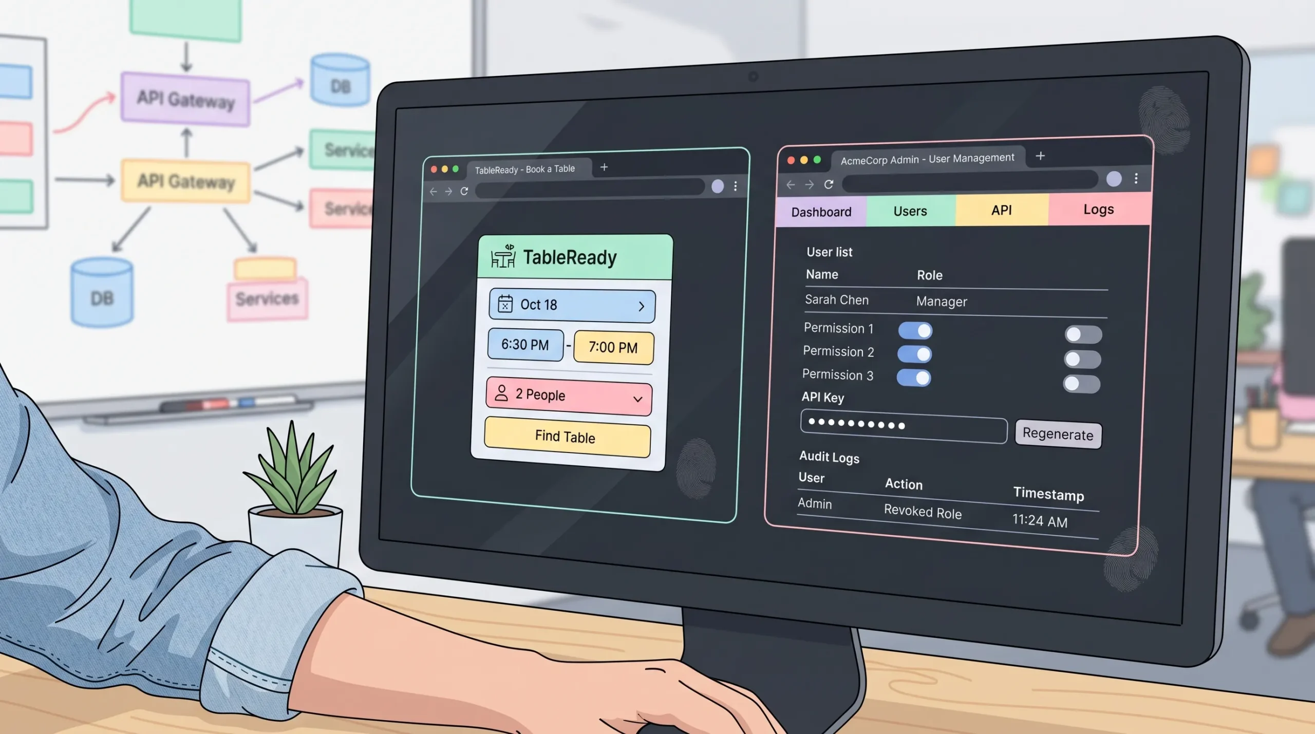 Side-by-side browser windows on a monitor showing a simple restaurant booking widget next to a complex SaaS admin panel with role permissions and API key fields, with a whiteboard architecture sketch blurred in the background.