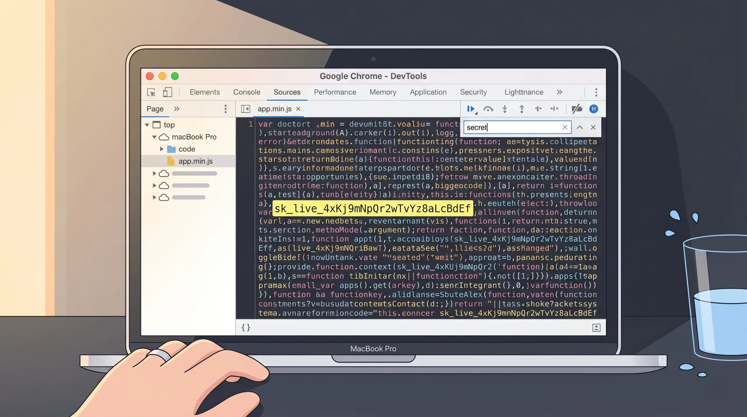 Browser DevTools panel open on a website's JavaScript source showing a Stripe live API key hardcoded and fully visible in the frontend code bundle.