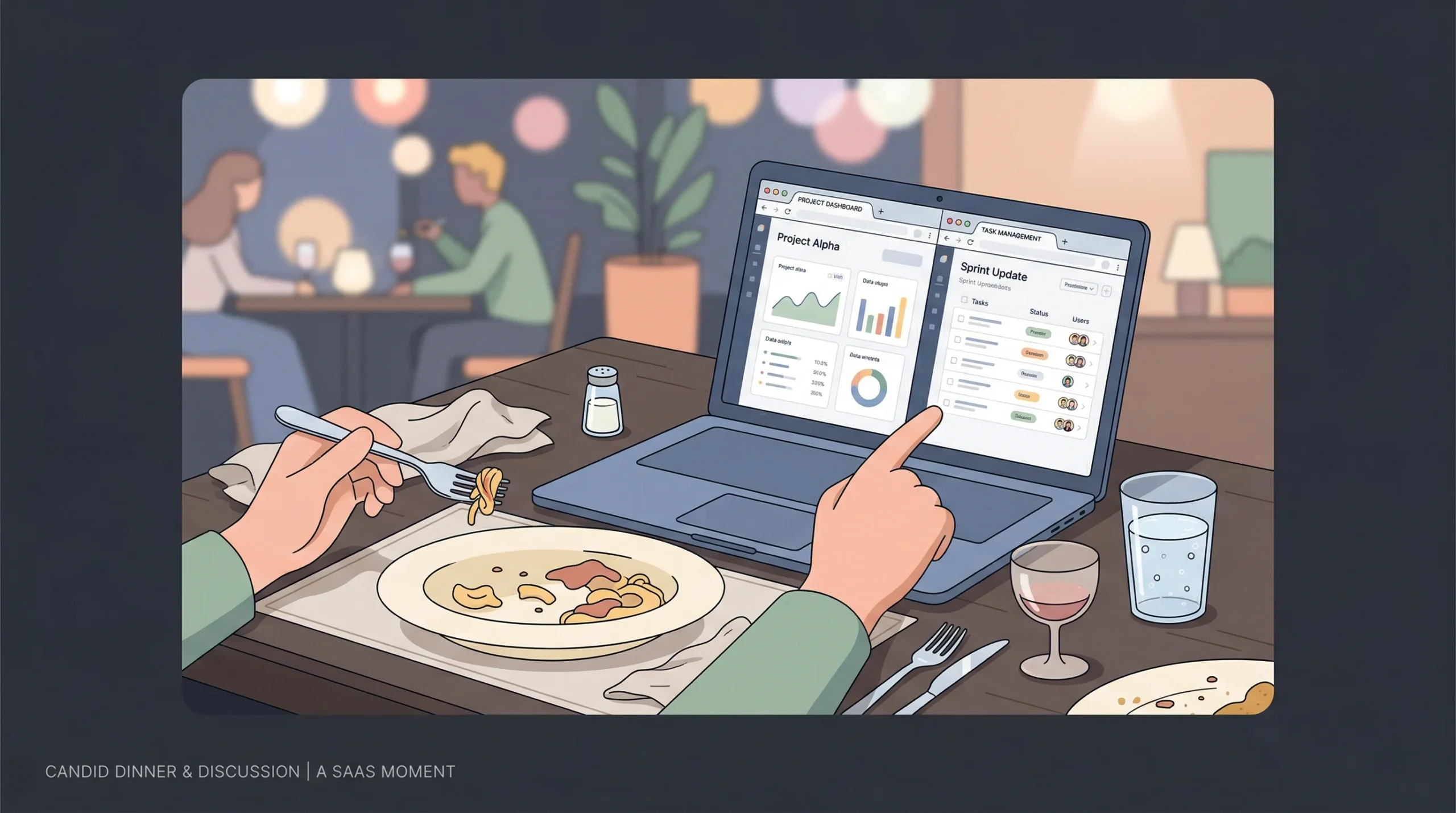 Minimal flat vector illustration in a pastel SaaS explainer style, showing a person dining at a cluttered restaurant table while pointing at two side-by-side browser tabs on a laptop. Caption at the bottom reads, "CANDID DINNER & DISCUSSION | A SAAS MOMENT."