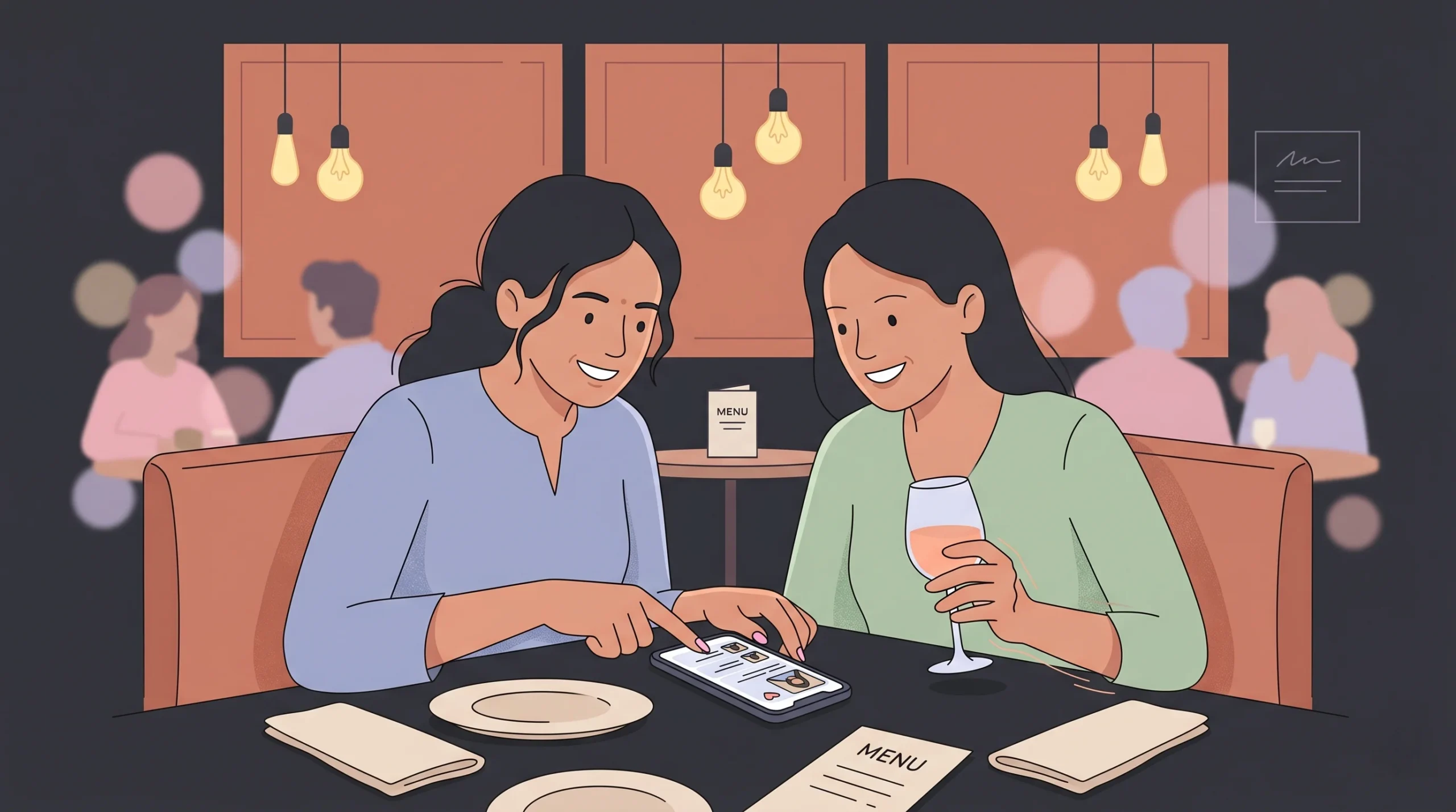 Two South Asian women in their early 30s sitting at a restaurant booth, smiling and looking at a dating app profile together on a phone, illustrating the importance of building a niche dating app for a specific community.