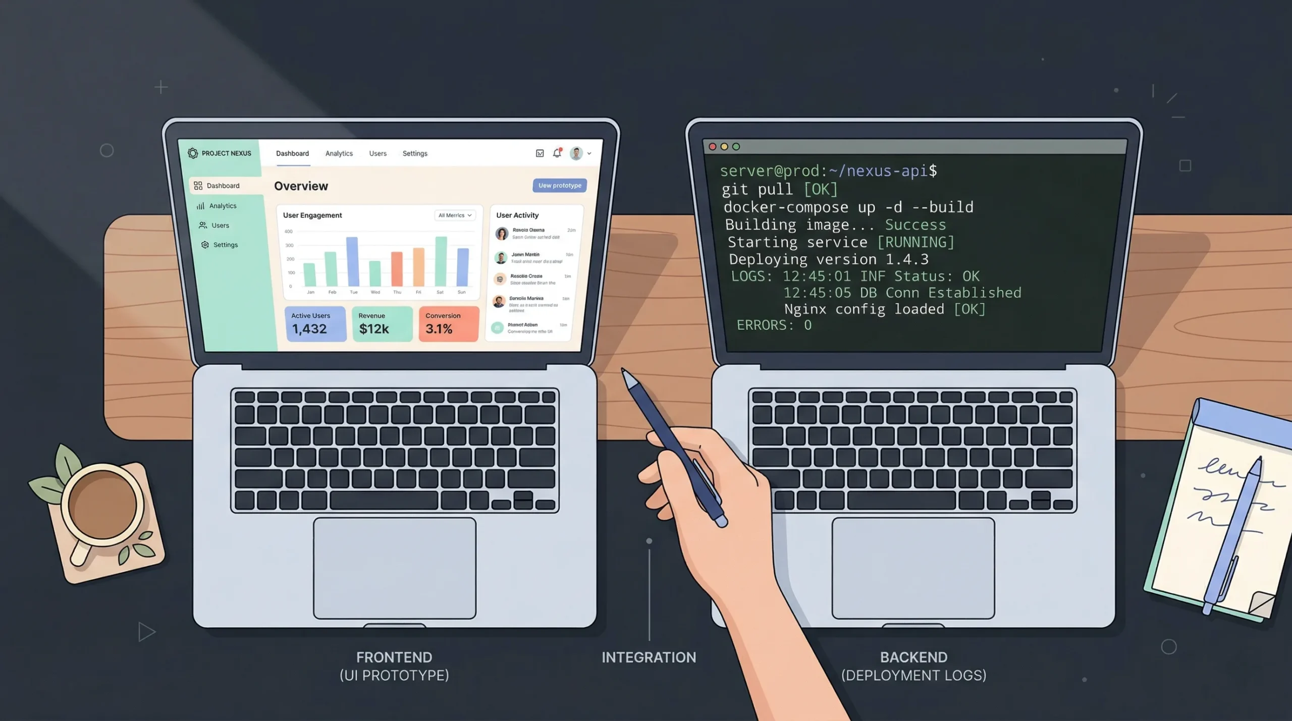 Two laptops side by side on a wooden desk, one showing a clean UI prototype and the other showing backend deployment logs, visually contrasting AI-generated demos with production-ready app requirements