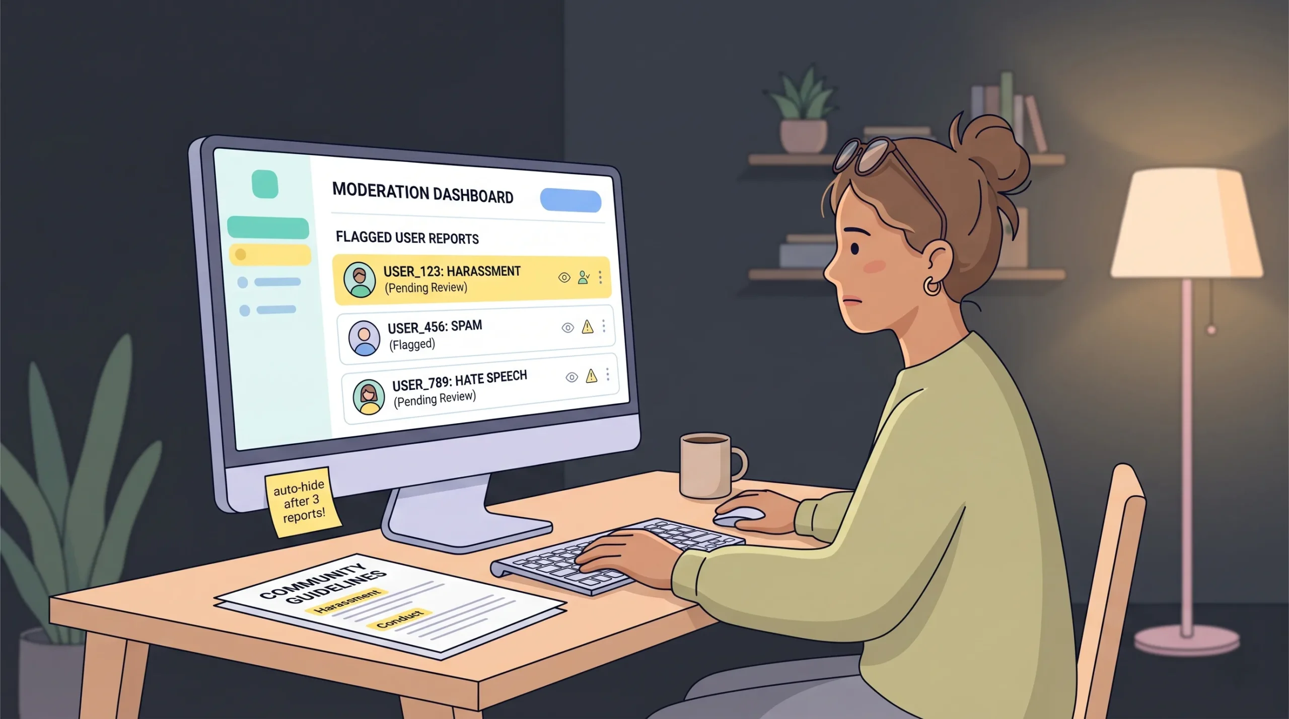 A young woman sitting at a home desk reviewing a moderation dashboard on her monitor showing flagged user reports, with printed community guidelines on the desk, representing proactive safety and content moderation on a dating platform.