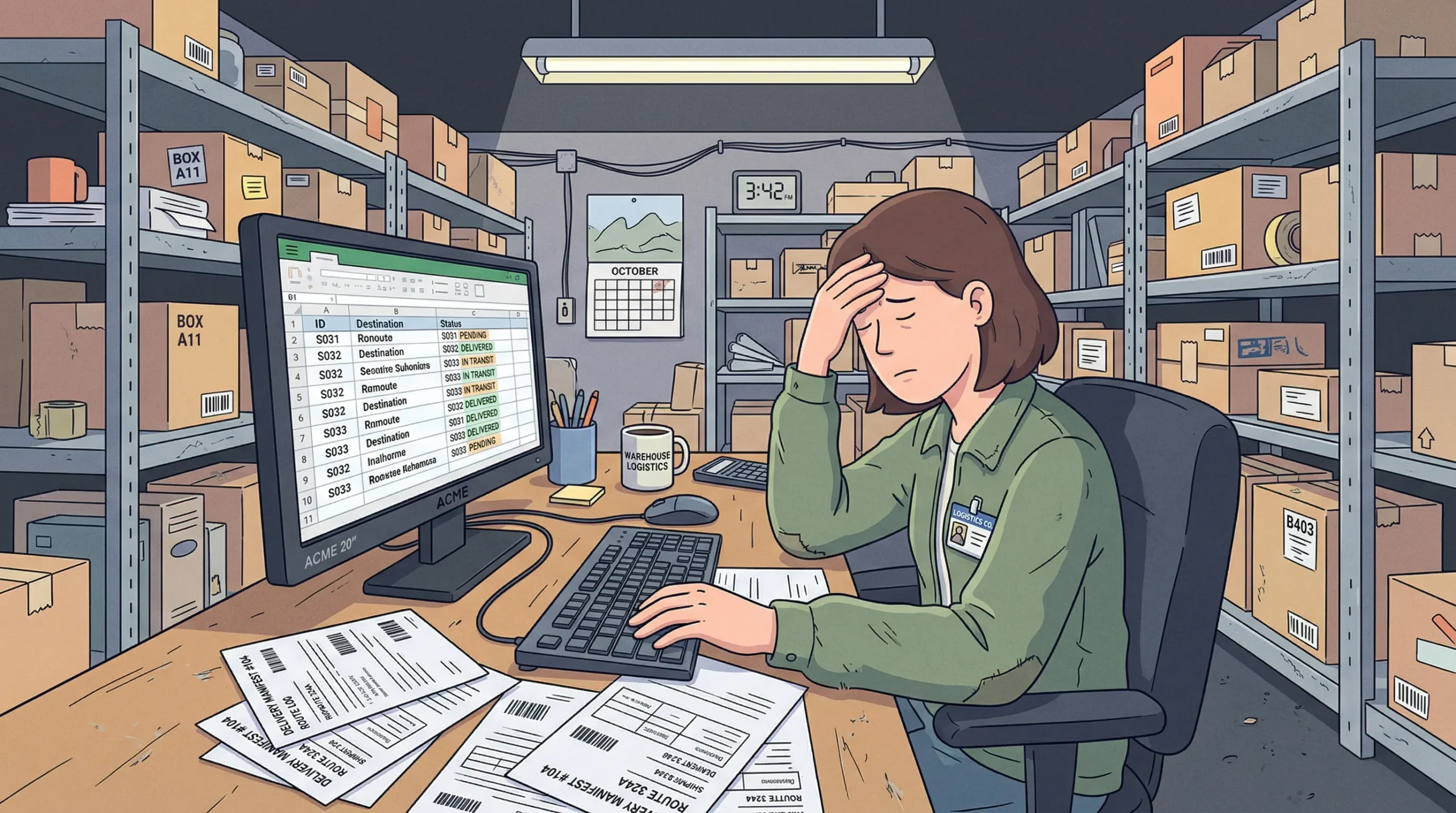The text visible in the illustration includes "WAREHOUSE LOGISTICS" on a coffee mug and "DELIVERY MANIFEST #104" with "ROUTE 324A" on the scattered paperwork. The "ACME 20" computer monitor displays a spreadsheet with "ID," "Destination," and "Status" headers, filled with repeating IDs like "S031" and mostly garbled destination names. Additionally, background details include a wall clock reading "3:42 PM," an "OCTOBER" calendar, and cardboard boxes