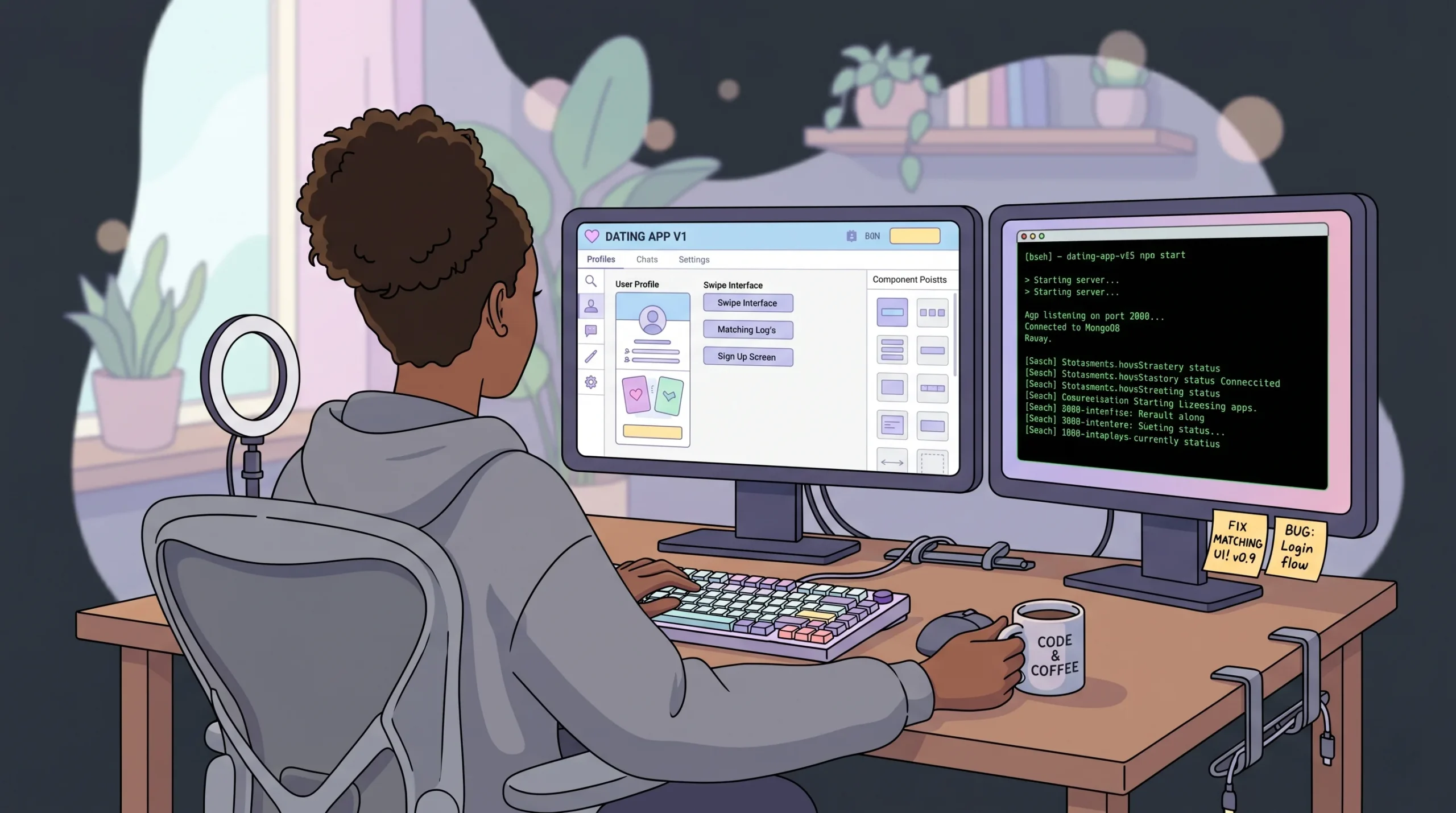 A Black female developer sitting at a dual-monitor desk, one screen showing a no-code visual editor and the other showing a code terminal, comparing traditional and no-code approaches to building a dating site.