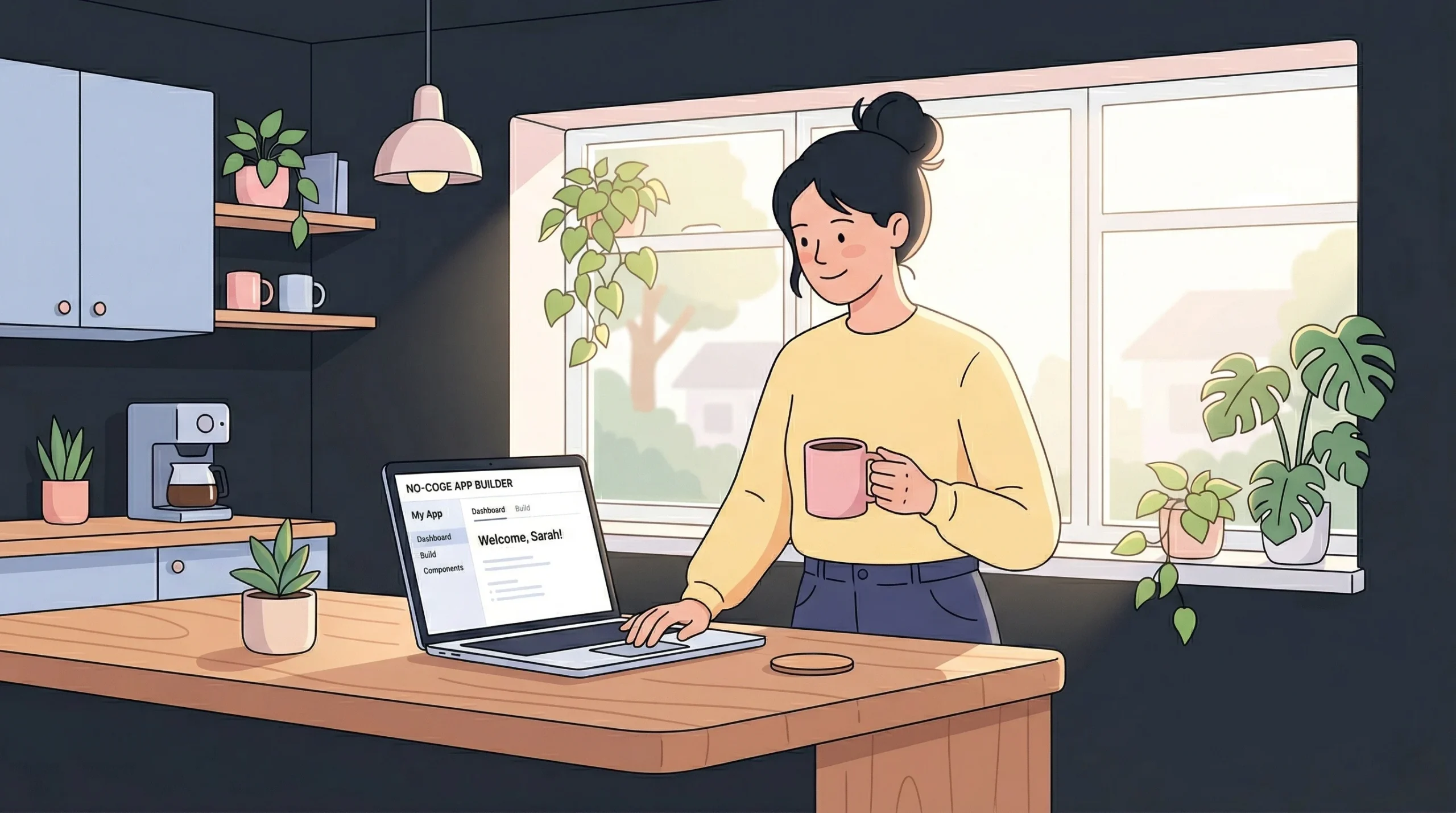 A woman working on a laptop in a kitchen.