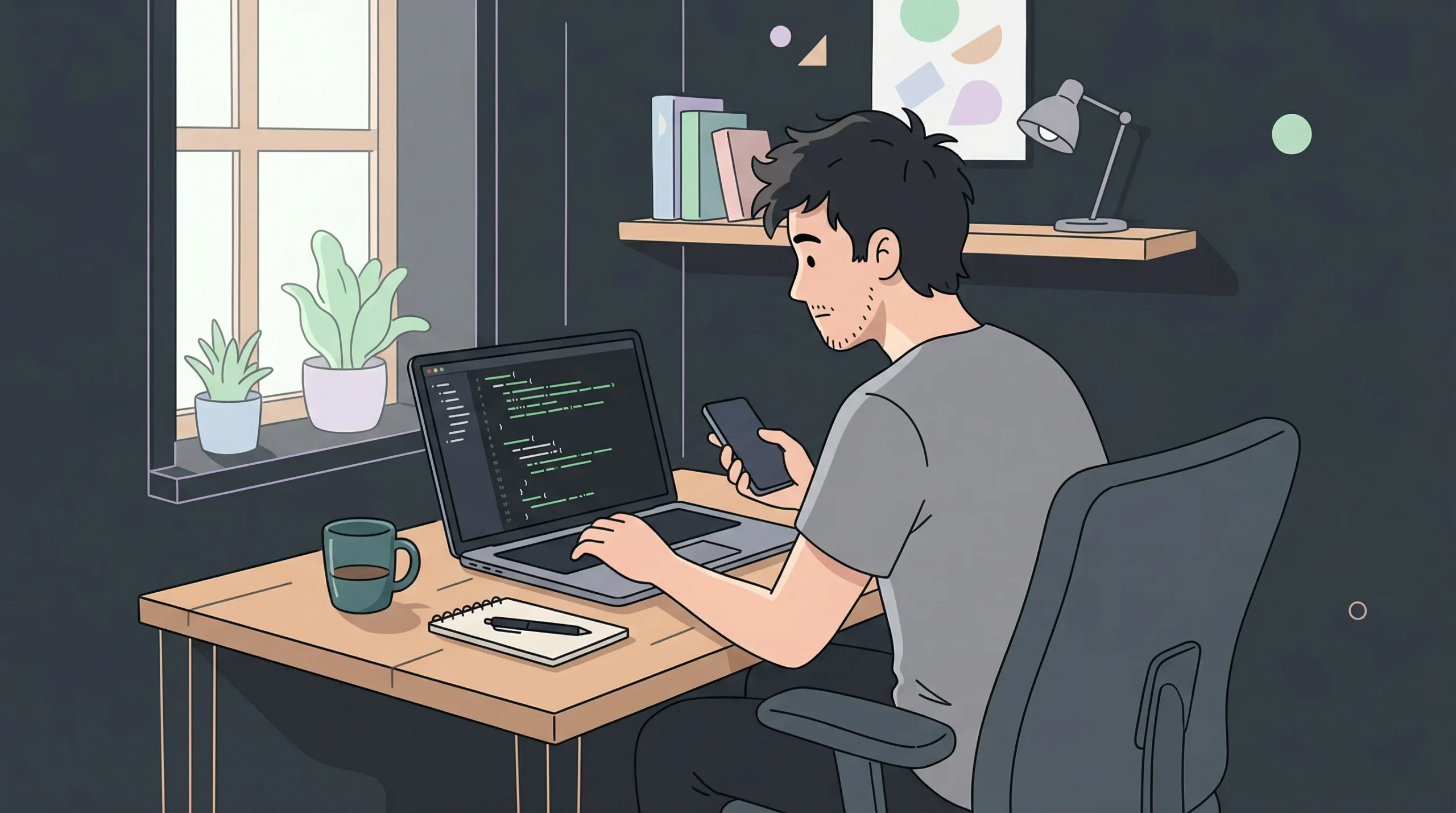 A vector illustration of a programmer working at a desk with a laptop and smartphone.