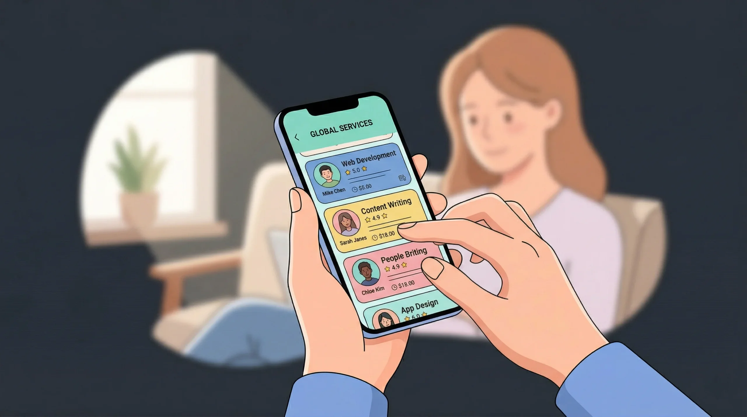 The smartphone screen displays a "GLOBAL SERVICES" marketplace featuring several freelancer listings. At the top of the feed is Mike Chen for Web Development, boasting a 5.0 star rating at a price of $3.60.