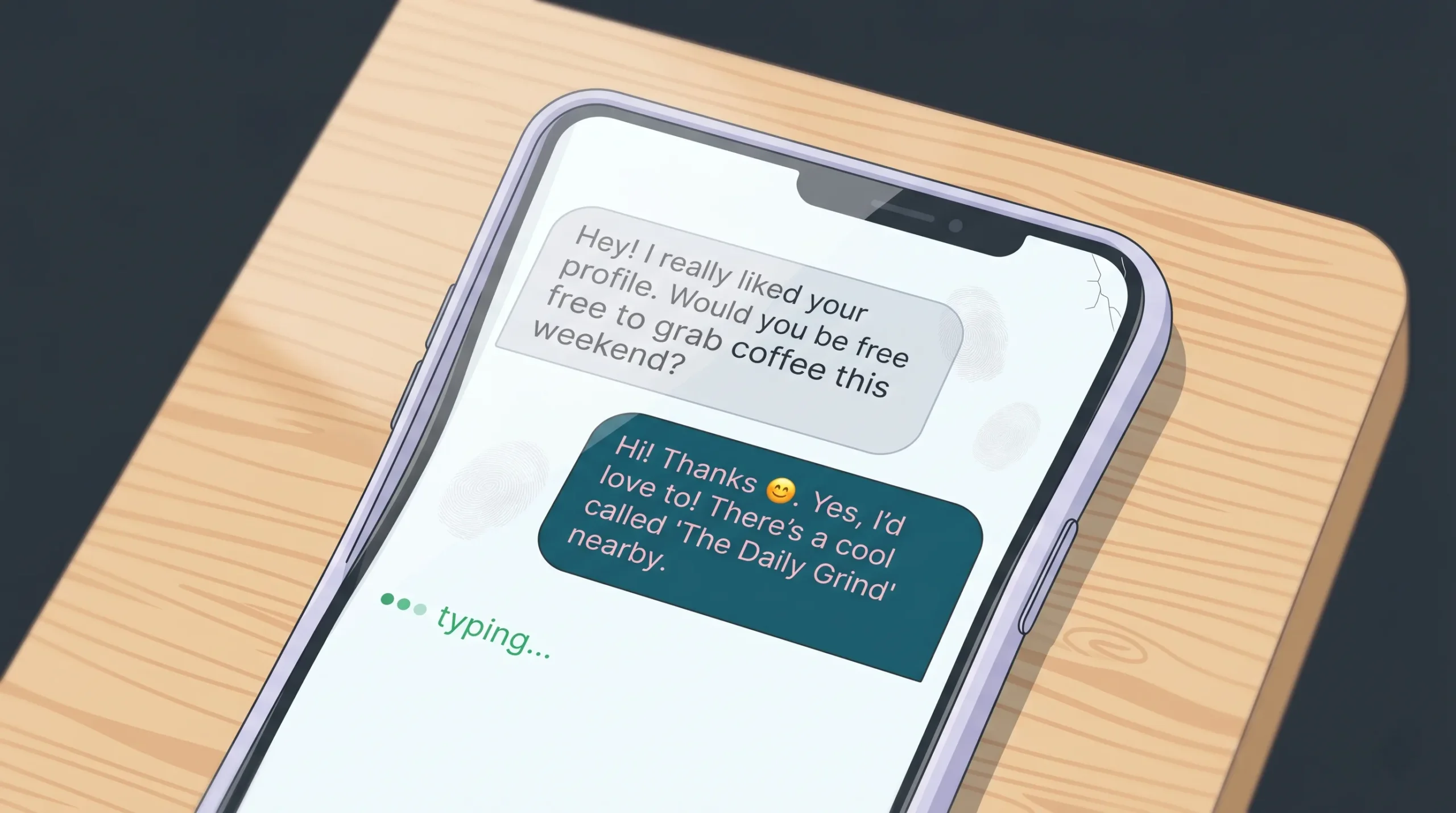 Extreme close-up of a dating app real-time chat interface on an iPhone screen lying on a wooden desk, showing conversation bubbles and a typing indicator, illustrating real-time messaging as a core dating platform feature.