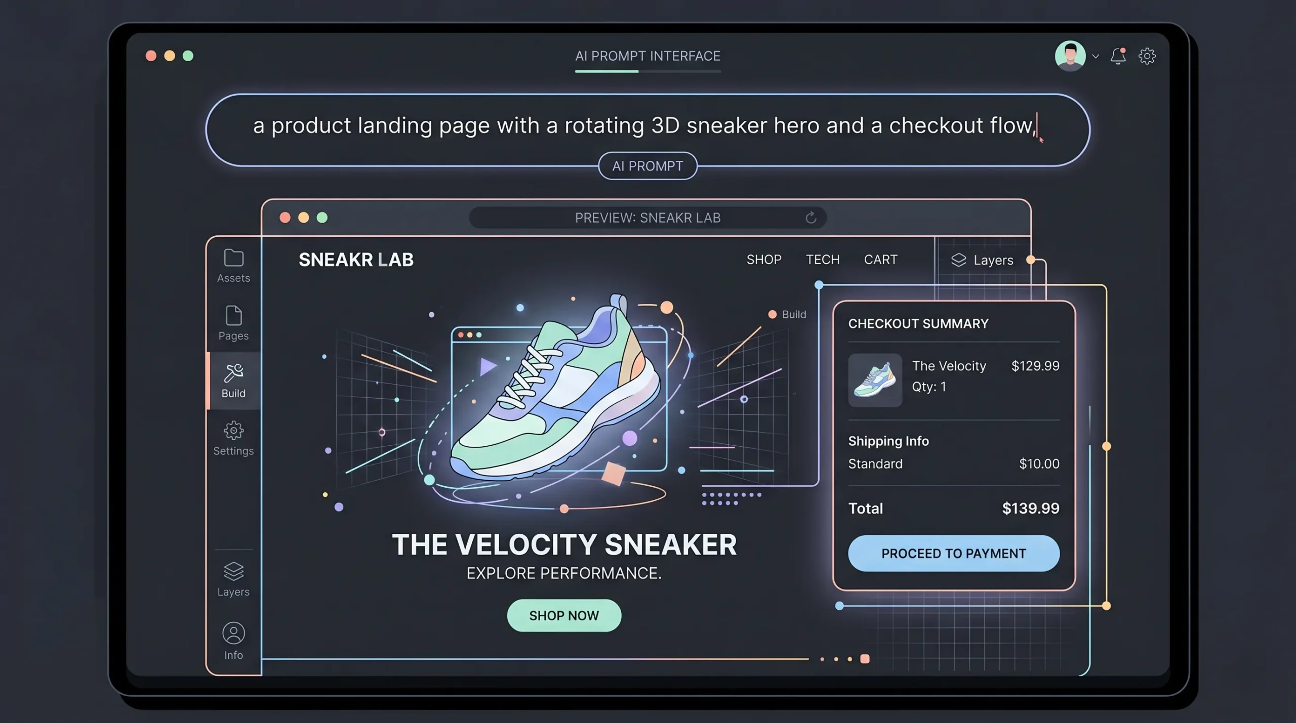 An AI website builder interface generating a full 3D product landing page from a plain-English prompt, showing the describe-to-build workflow.