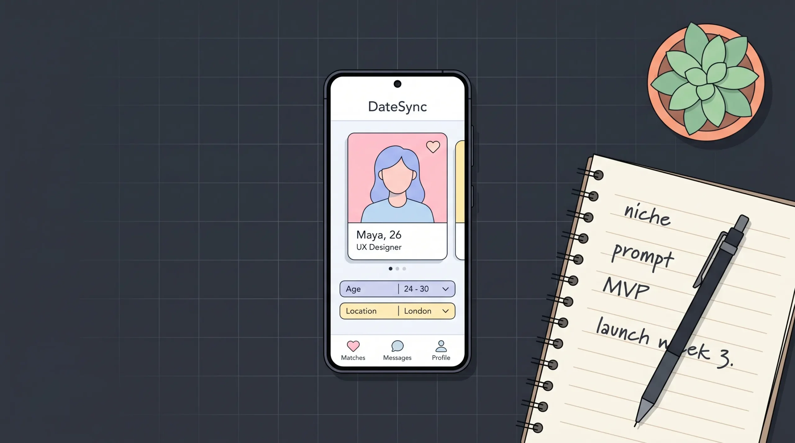 Overhead flat-lay of a Samsung Galaxy phone showing a dating app prototype on screen, surrounded by a handwritten notebook with MVP planning notes and a pencil, representing AI-powered app building for non-technical founders.