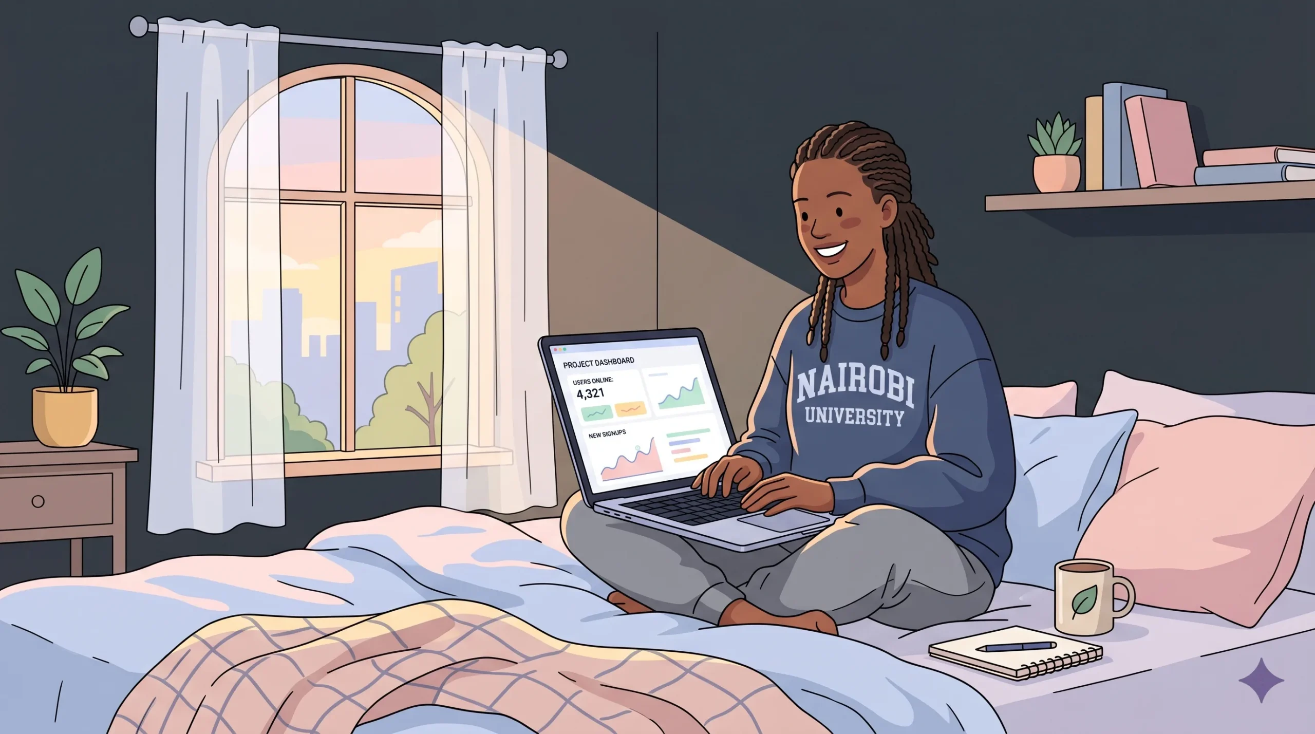 A young woman of East African descent sitting cross-legged on a bed with a MacBook Pro, smiling at a dashboard showing her dating app's user count, in soft morning light, representing a non-technical founder successfully launching a dating business.