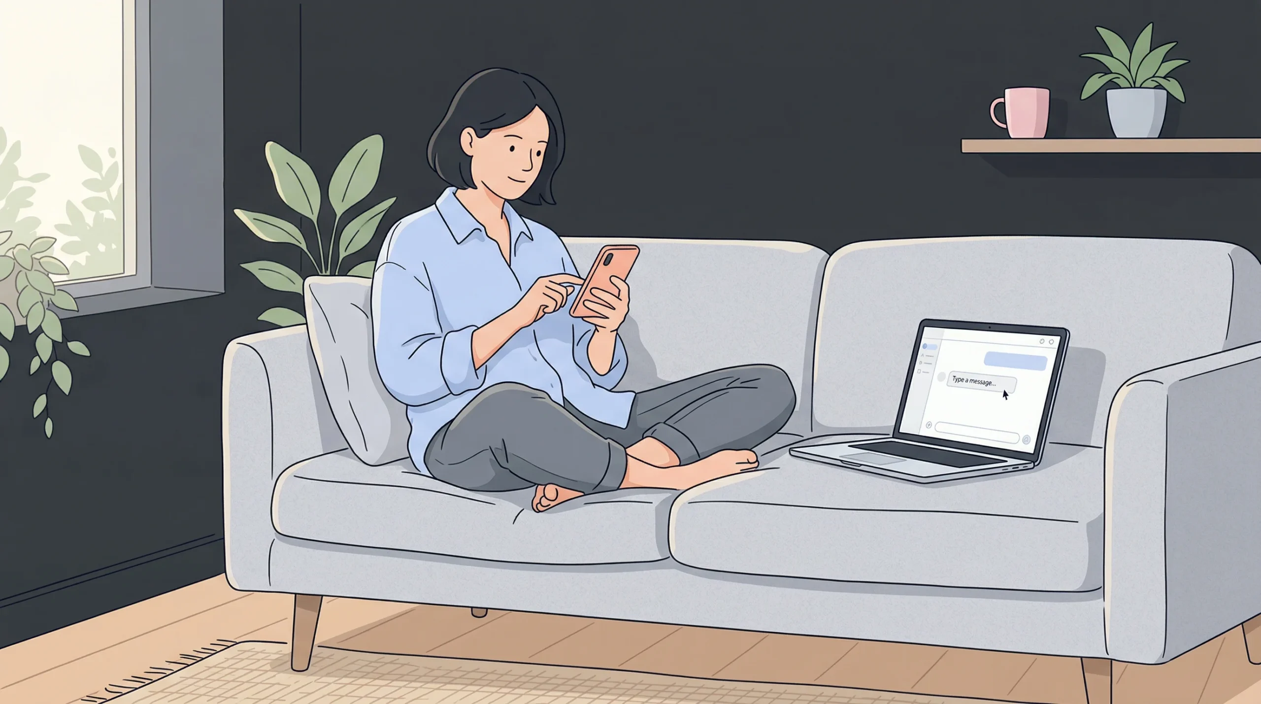 A minimal vector illustration of a woman sitting cross-legged on a sofa, looking at her phone with an open laptop nearby.