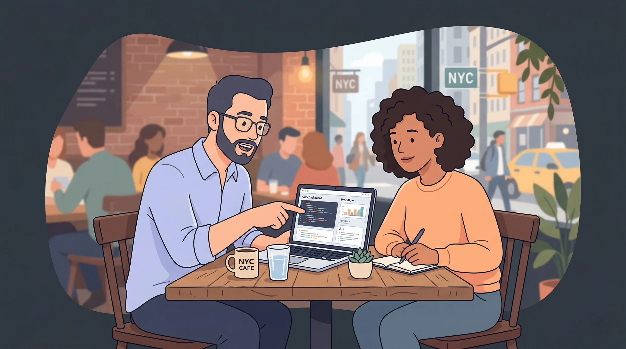 A software engineer and a non-technical founder sitting together at a cafe table reviewing code on a laptop, representing the hybrid human and AI collaboration model that makes production app building possible