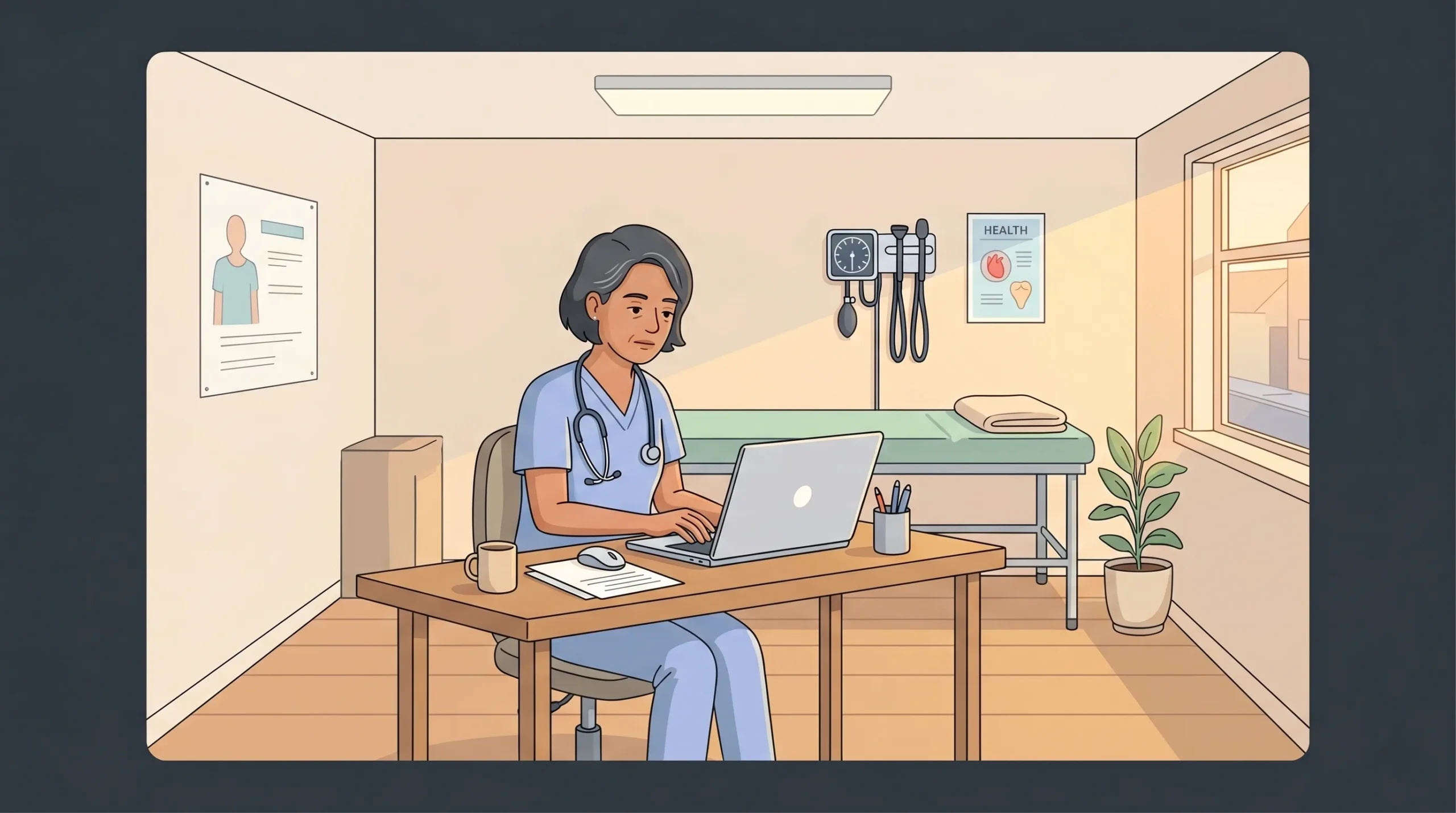 Solo female doctor managing her practice website at the front desk of a small clinic