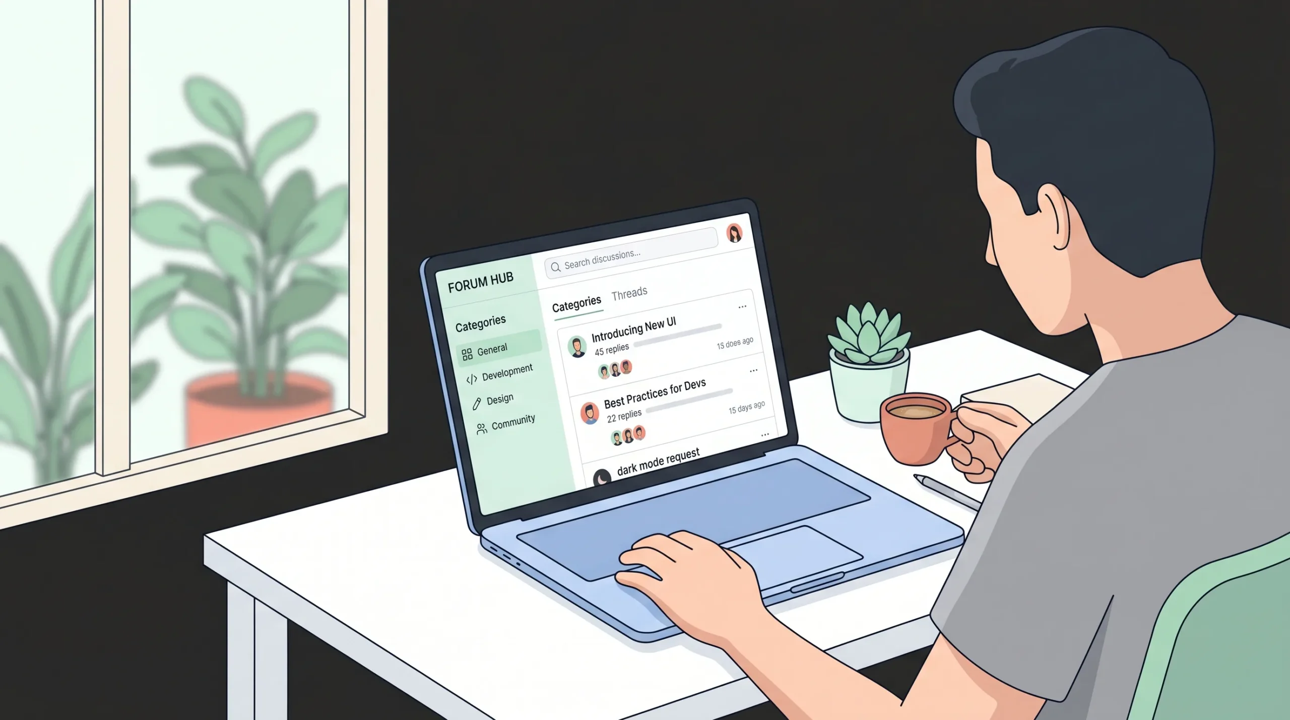 Person sitting at a minimal white desk with a laptop showing a clean, polished forum homepage with categories, threads, and a search bar, holding an espresso cup