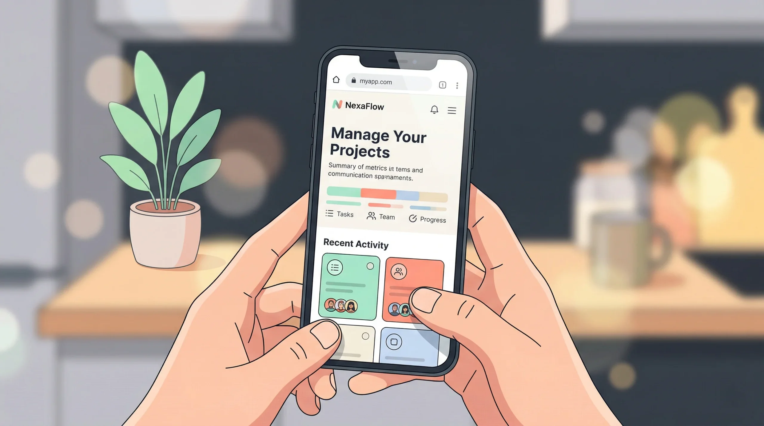 Vector illustration of hands holding a smartphone displaying the NexaFlow project management app, in a blurred kitchen environment.