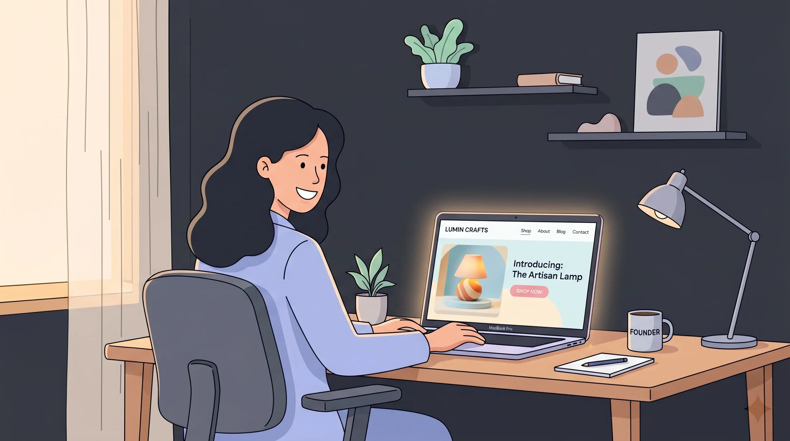 A non-technical founder smiling at a laptop showing a finished 3D ecommerce website, representing how accessible 3D website builders have become in 2026.