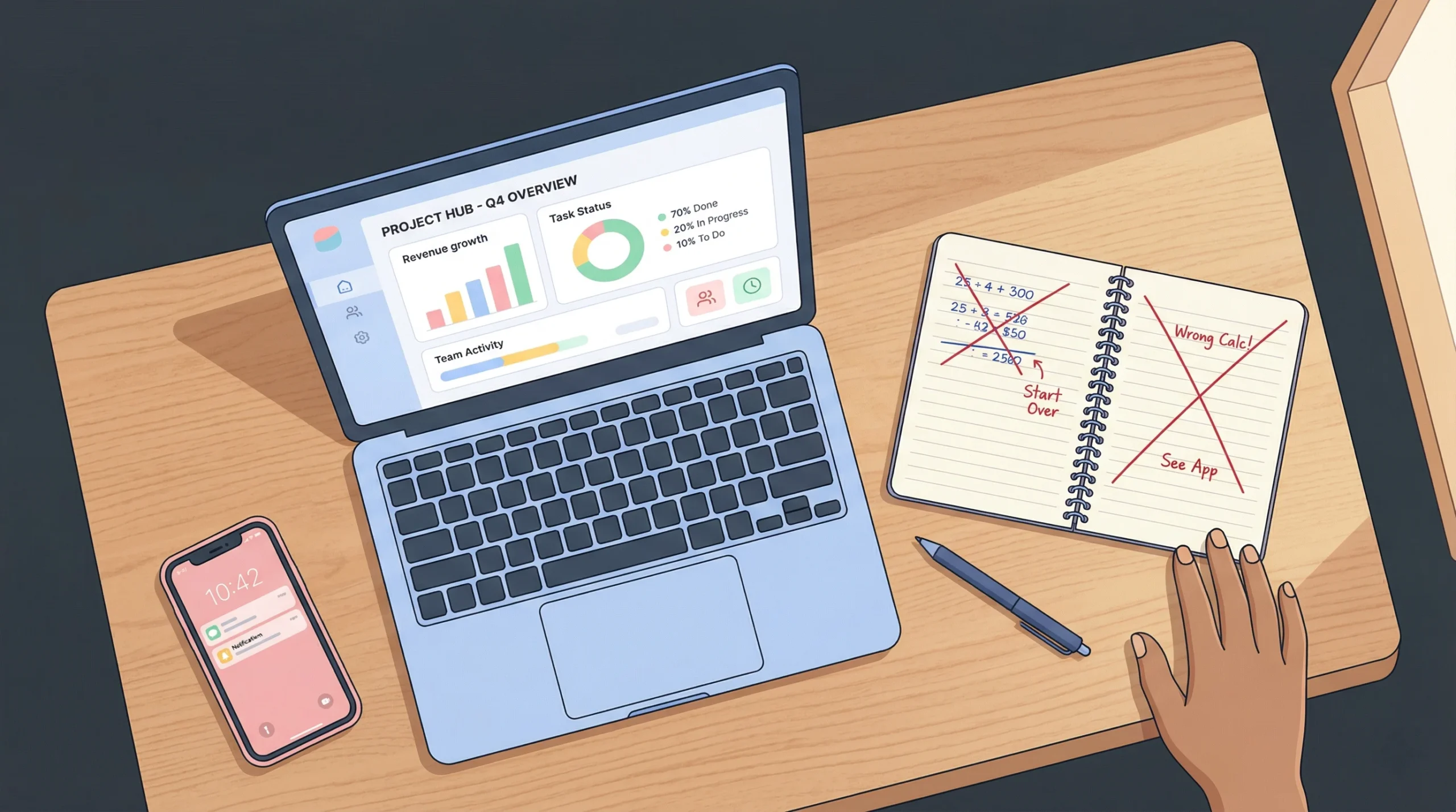 The text in the image is spread across the laptop, notebook, and phone. The laptop's app dashboard displays "PROJECT HUB - Q4 OVERVIEW" along with sections for "Revenue growth,"