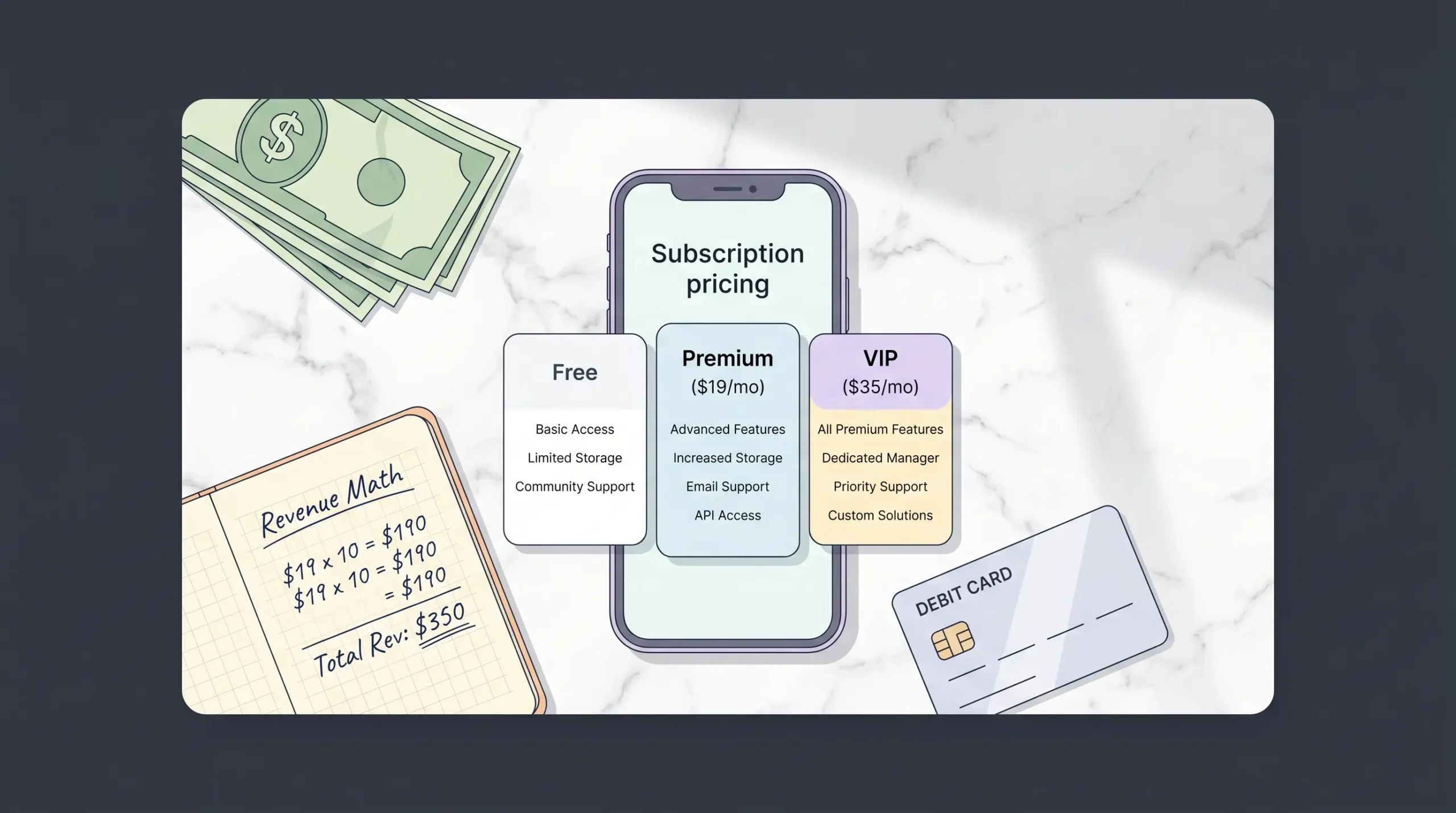 Flat-lay overhead shot of a phone showing a three-tier dating app subscription pricing page alongside dollar bills, a debit card, and a notebook with revenue calculations on a white marble surface, representing dating site monetization strategy in 2026.