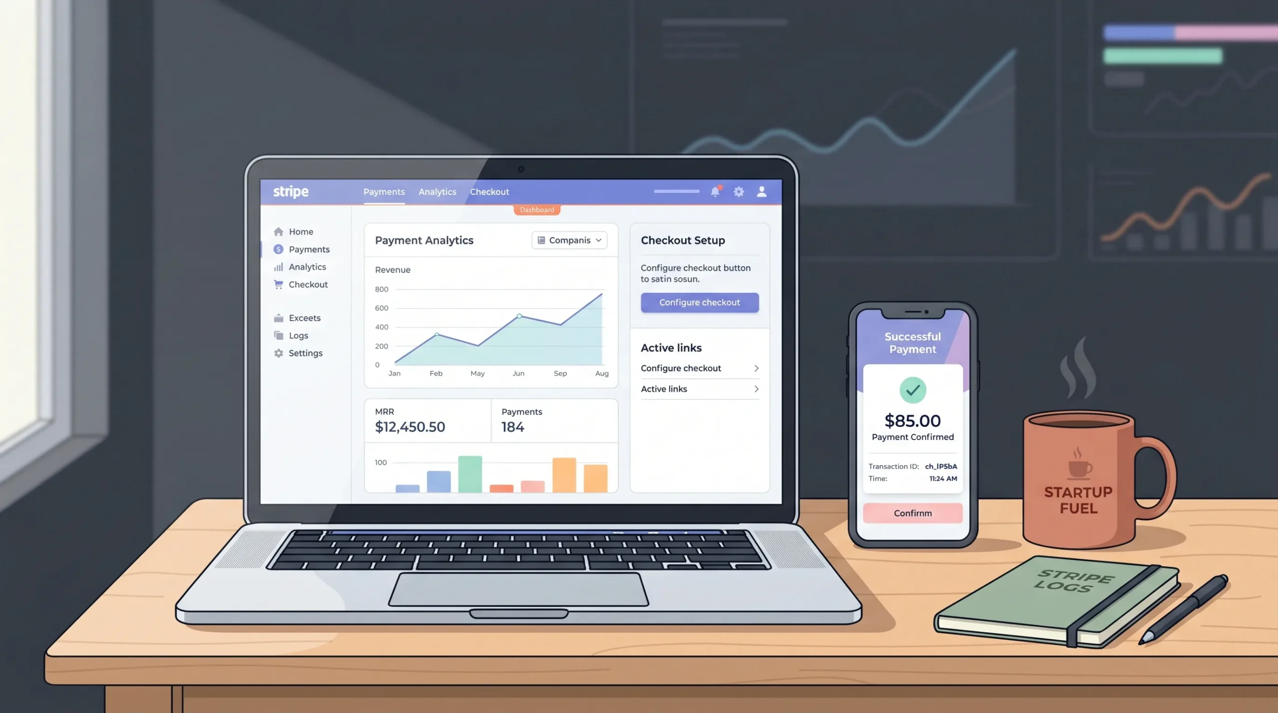 Stripe dashboard on laptop showing payment integration in a no-code app setup