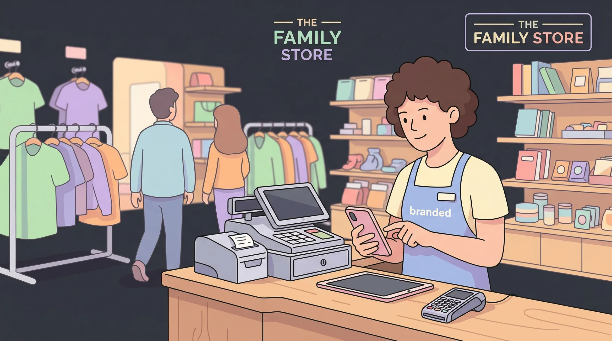 The text visible in the illustration includes store signage at the top that reads "THE FAMILY STORE," which appears twice. Additionally, the word "branded" is written across the front of the employee's blue apron, while minor illegible marks represent text on the receipt and payment terminal.