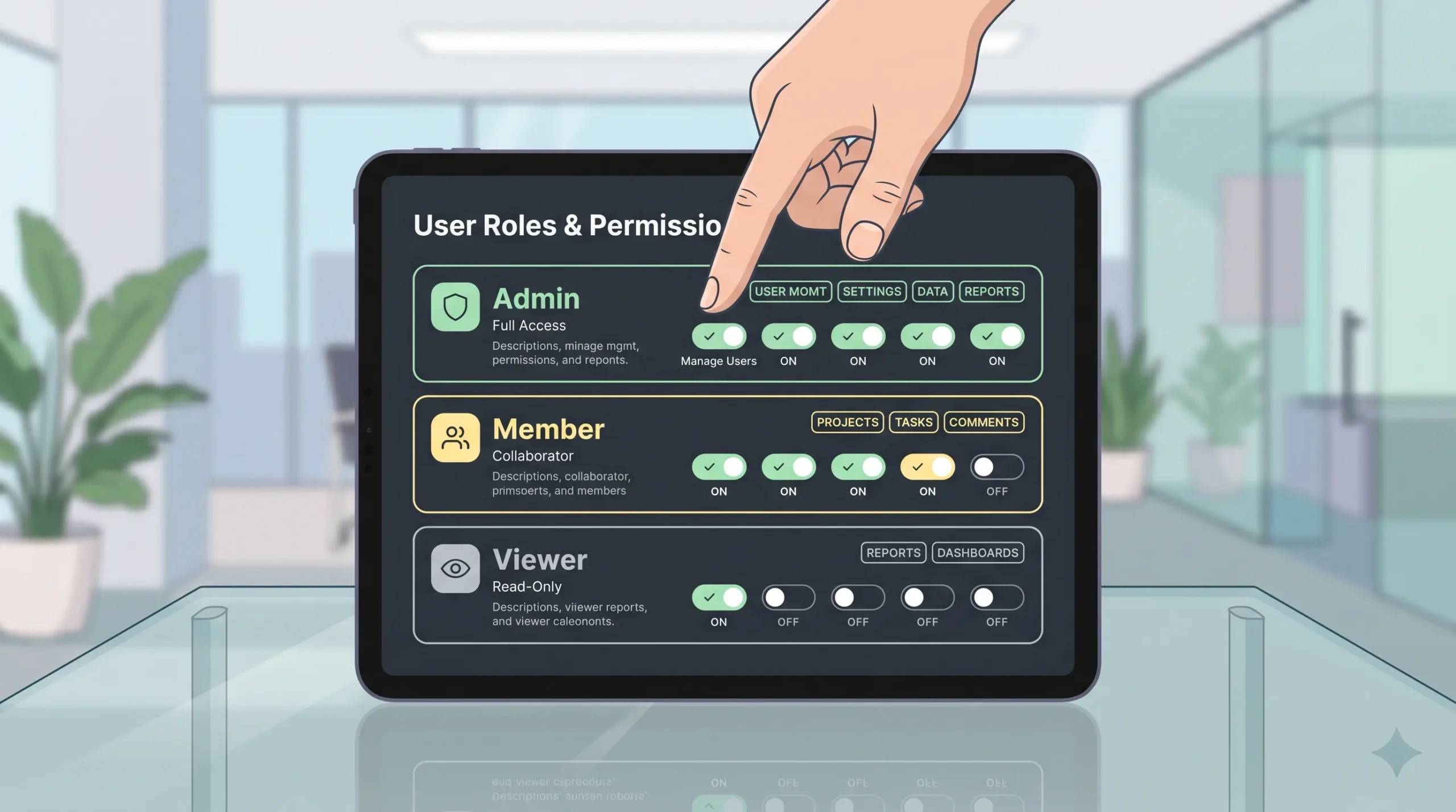 Tablet displaying user roles and permissions