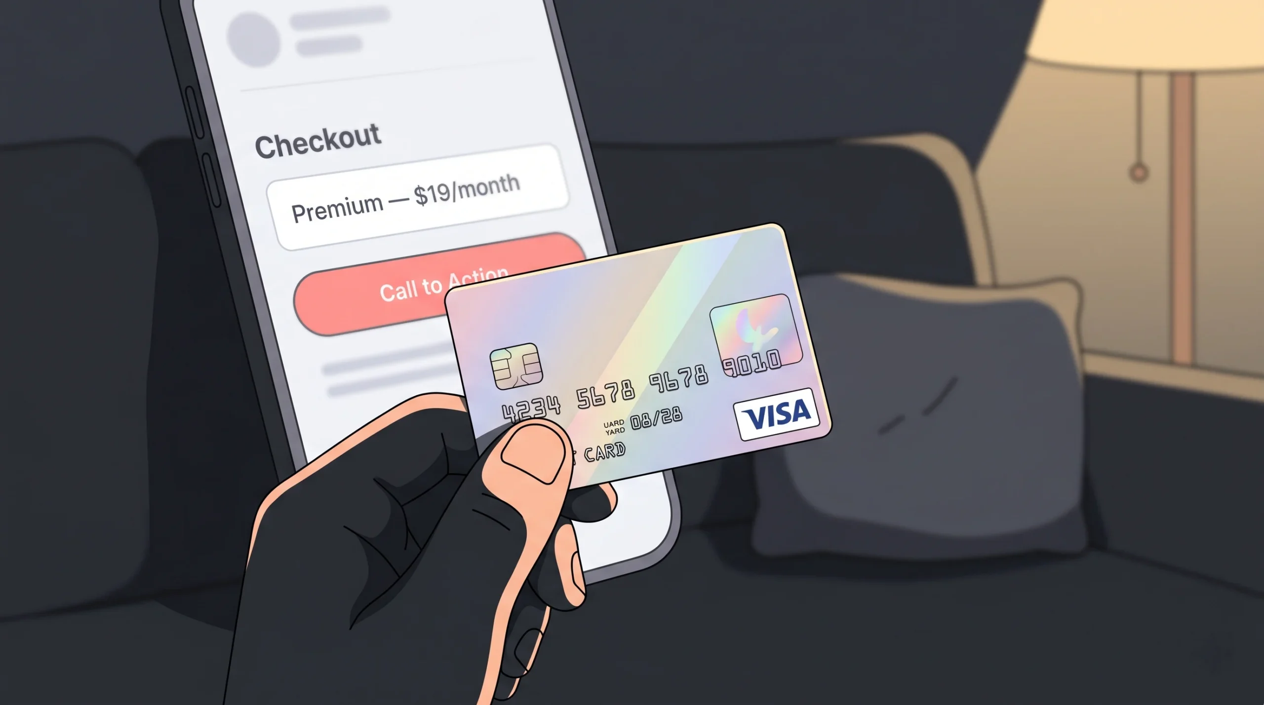 A credit card held in front of a phone screen displaying a dating app subscription page showing a Premium plan at nineteen dollars per month, illustrating Stripe payment integration for a dating site subscription model.
