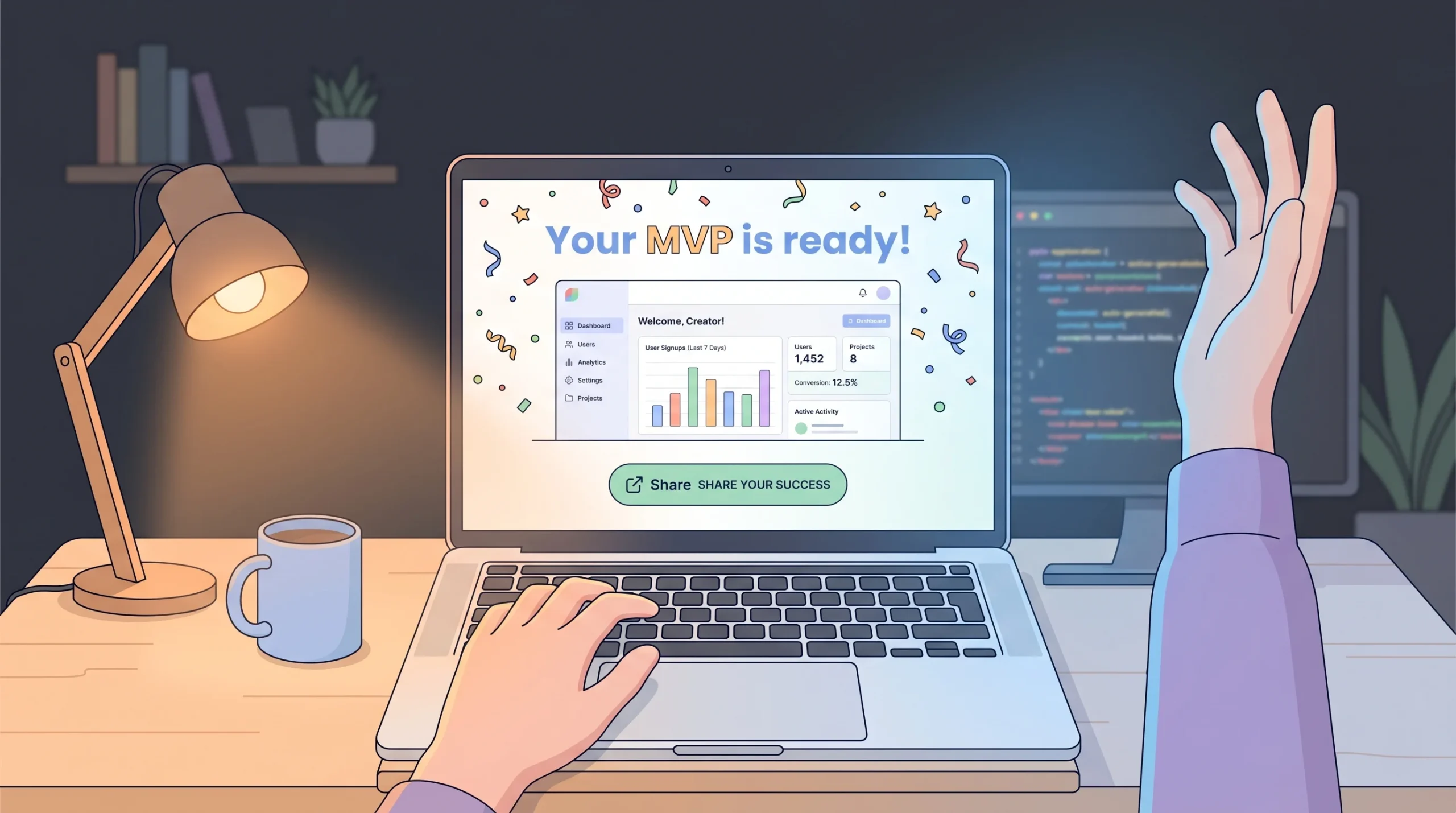 A person celebrating at a standing desk as a laptop screen shows a SaaS MVP ready screen with a dashboard preview and confetti animation, lit by warm desk lamp light on one side and cool blue screen glow on the other.