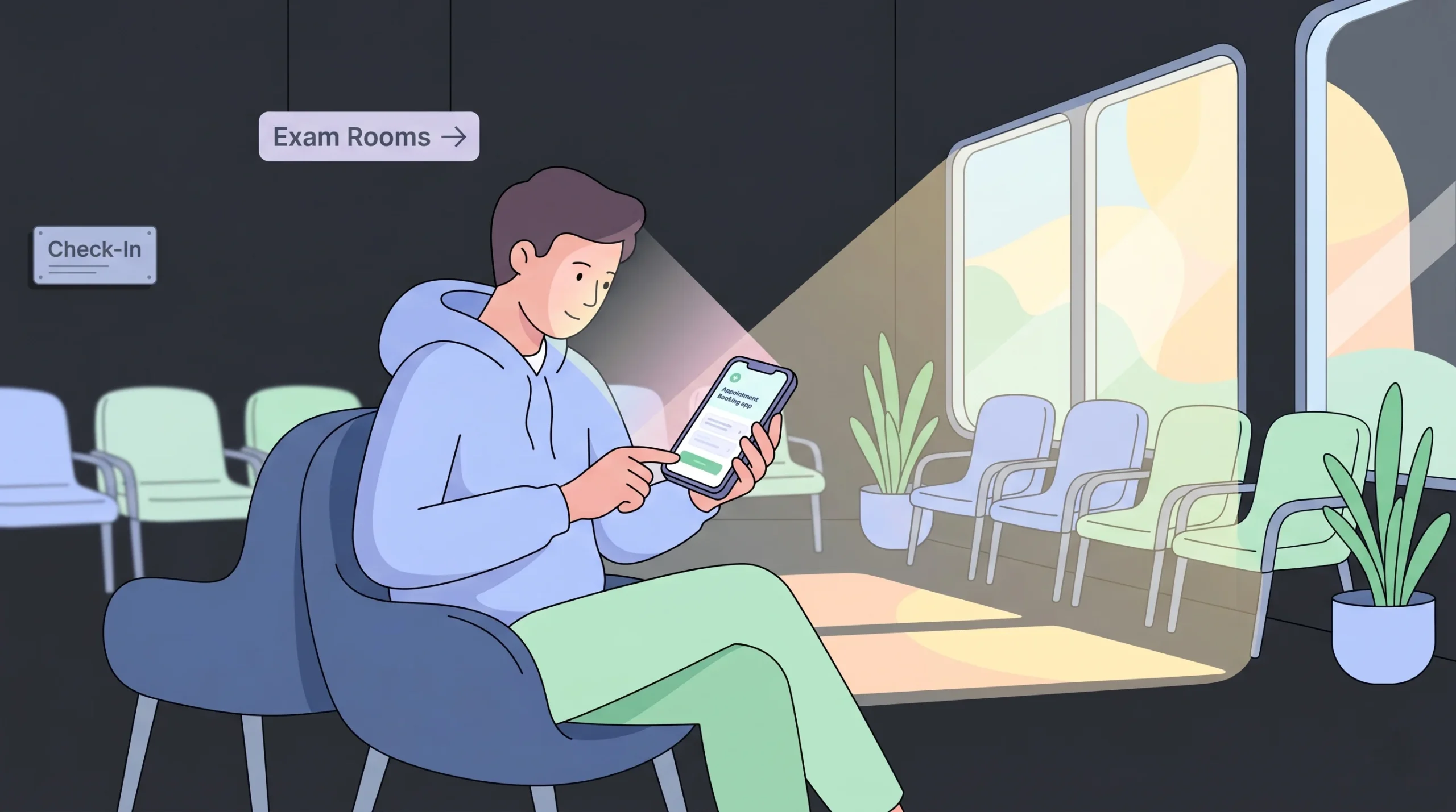 Patient booking a doctor's appointment online from their smartphone in a clinic waiting room