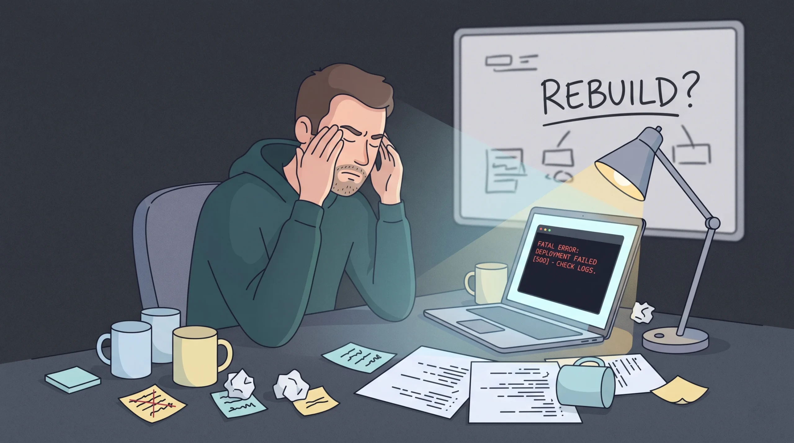 A frustrated male founder sitting alone at a cluttered desk late at night, rubbing his temples in front of a laptop screen showing a red error message, symbolising the cost of choosing the wrong dating site builder.