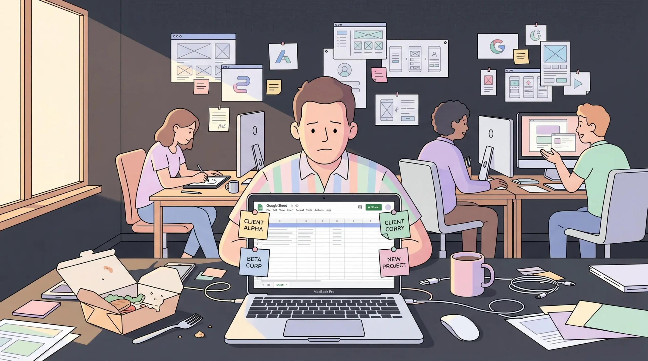 The text visible in the illustration is centered around the main laptop. Four sticky notes attached to the screen read "CLIENT ALPHA," "CLIENT CORRY," "BETA CORP," and "NEW PROJECT." On the screen itself, the interface displays "Google Sheet" along with a standard menu bar (File, Edit, View, Insert, Format, Tools, Addons, Help), a "Share" button, and a tab labeled "Sheet1," while the bottom bezel identifies the computer as a "MacBook Pro."