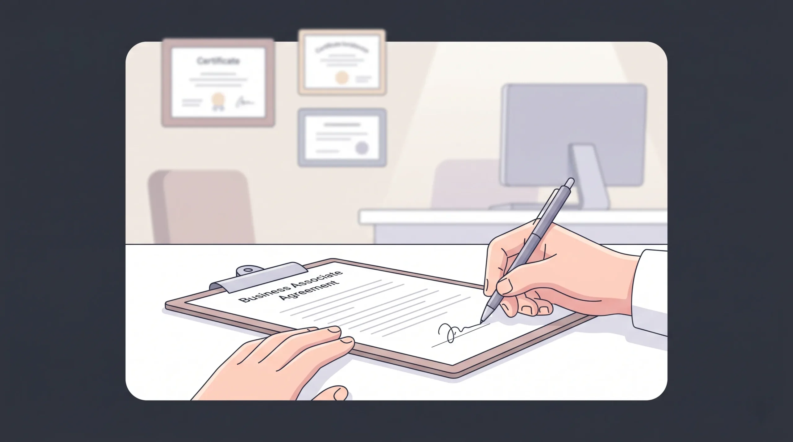 Person signing a HIPAA Business Associate Agreement in a medical office setting