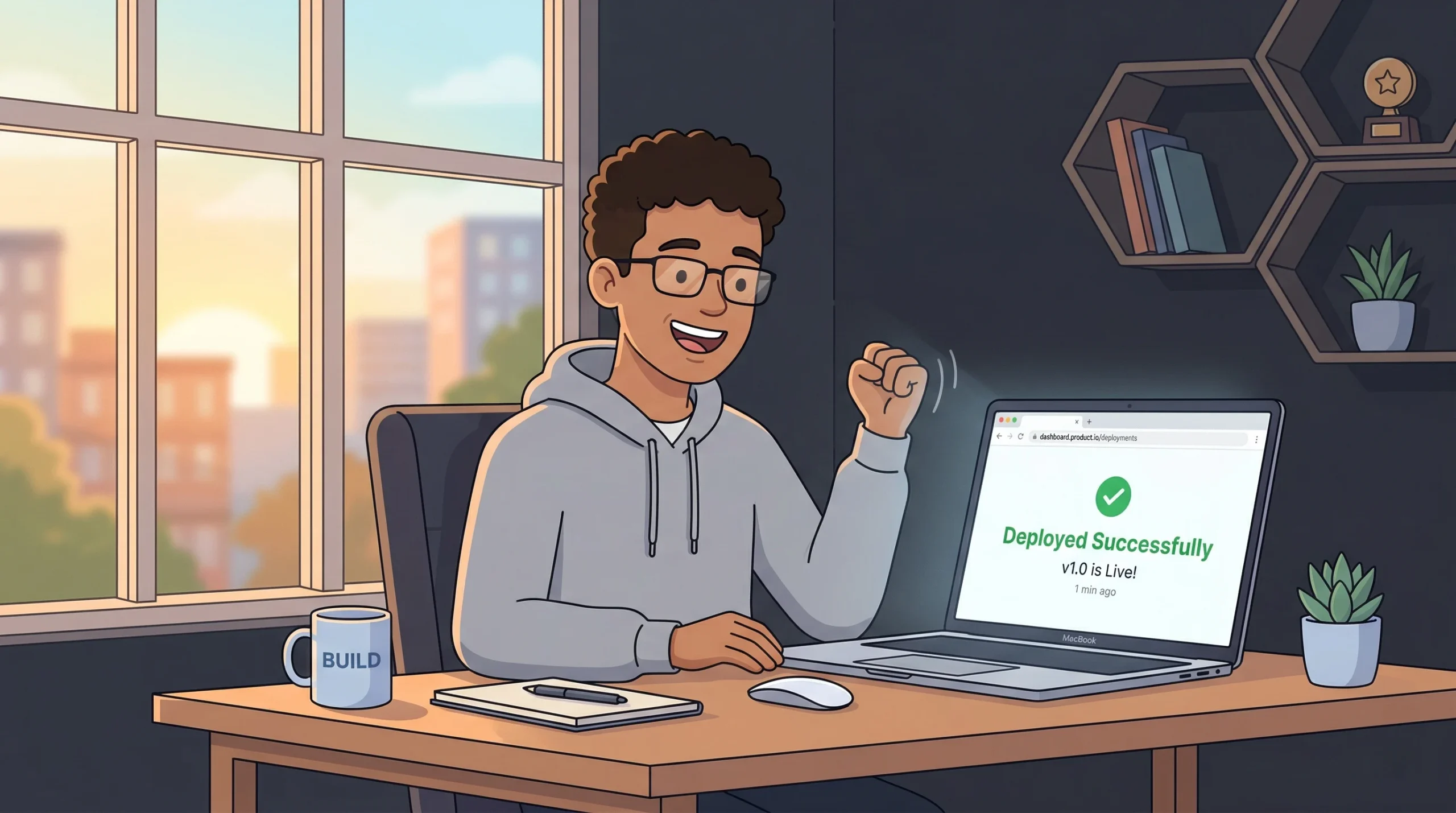 A young startup founder celebrating at his desk as his laptop screen shows a successfully deployed live website, capturing the moment an AI-built app finally ships to production