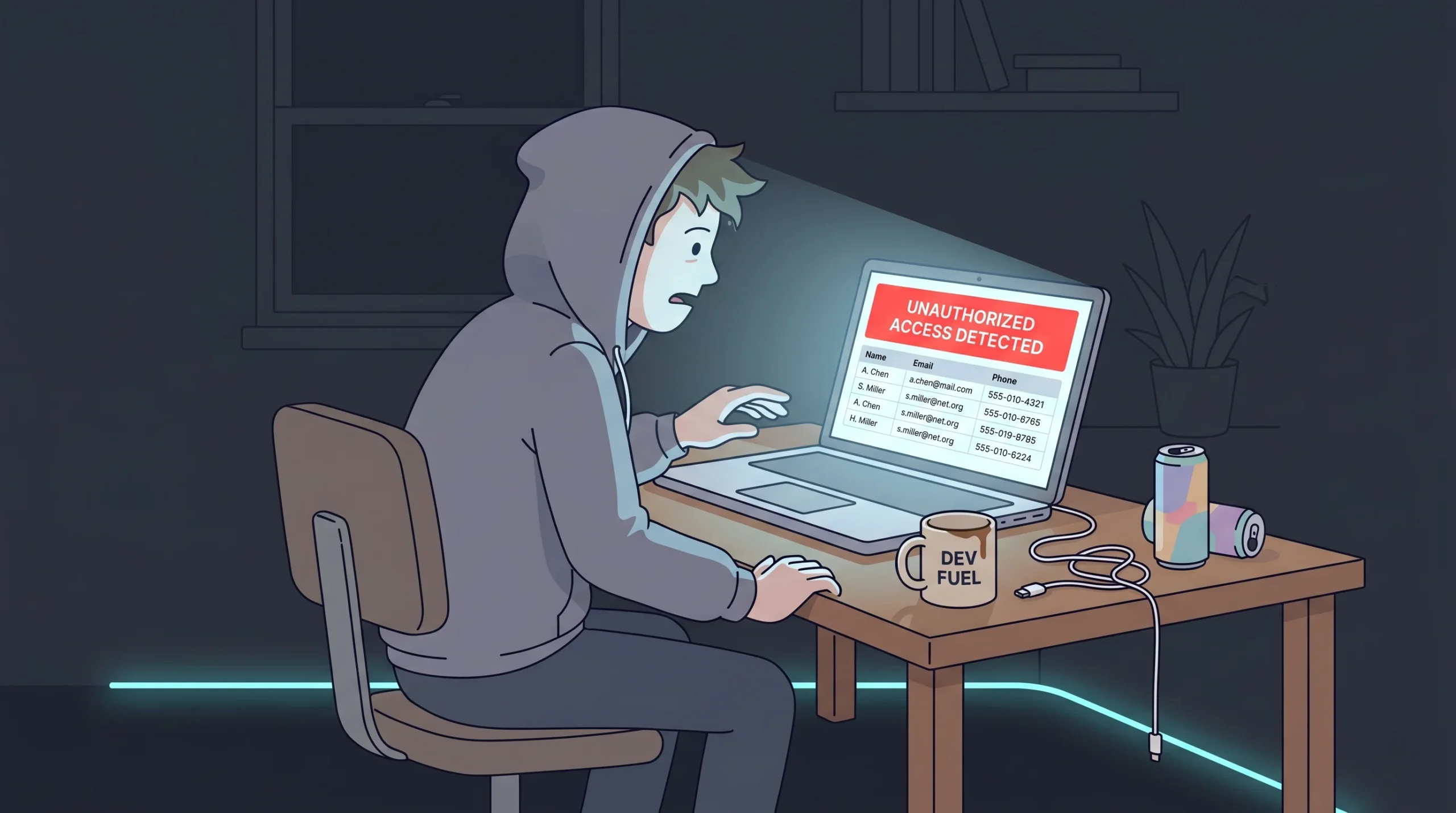 A developer sits alone at night staring at a laptop screen showing a data breach alert, face illuminated by cold blue screen glow in a dark room.