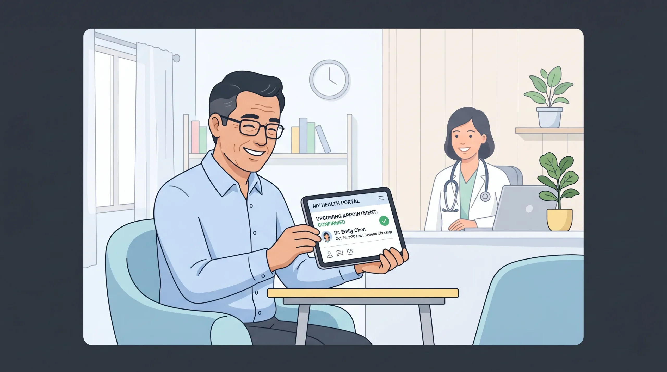 Patient reviewing their confirmed appointment on a tablet in a modern clinic consultation room